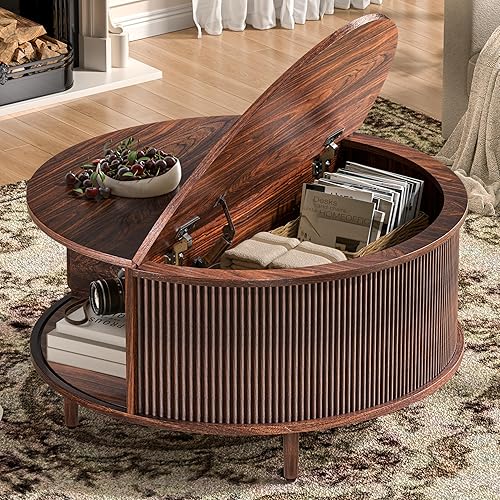 Round Coffee Table, 31.5" Fluted Center Table with Storage, Lift-Top Coffee Table with Adjustable Footpads, Sliding Door, Mid-Century Modern Center Table for Living Room, Small Space (Walnut)