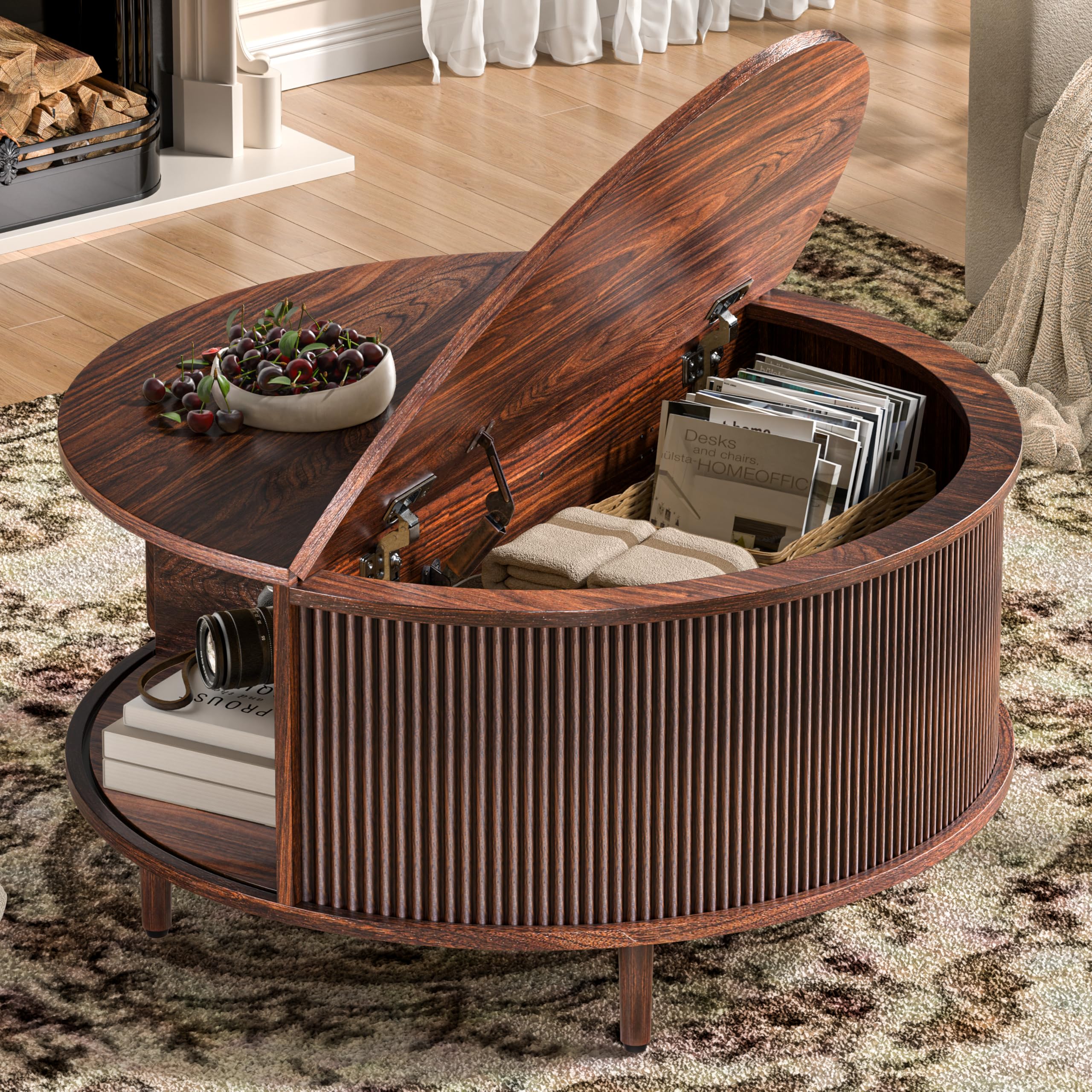 Round Coffee Table 31 5 Fluted Center Table with Storage Lift-Top Coffee Table with Adjustable Footpads Sliding Door