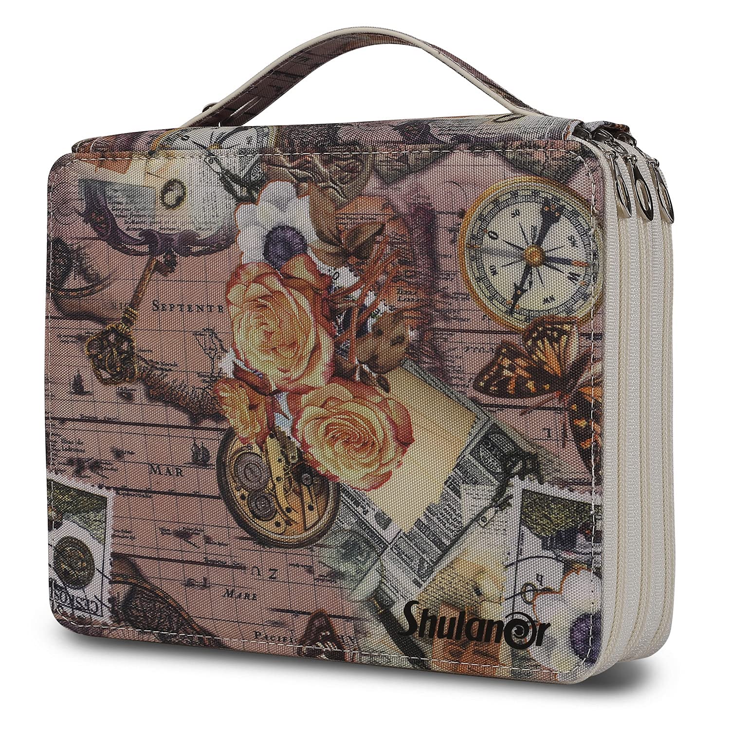 Shulaner Colored Pencil Case with Zipper Closure Large Capacity Retro Style Element Pattern Pencils Bag Waterproof 840D PVC Fabric Pen Organizer Storage Artist