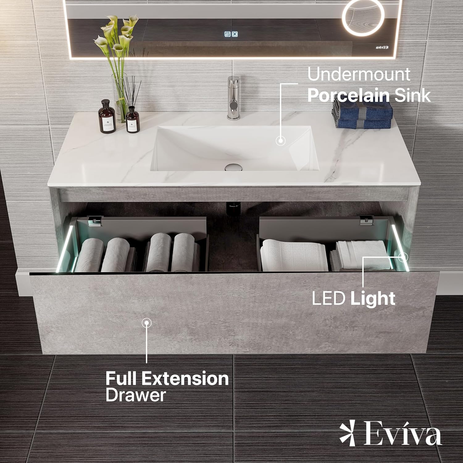 Eviva Aurora 40 in. Concrete Gray Wall Mount Single Sink Bath Vanity with Carrara Quartz Top