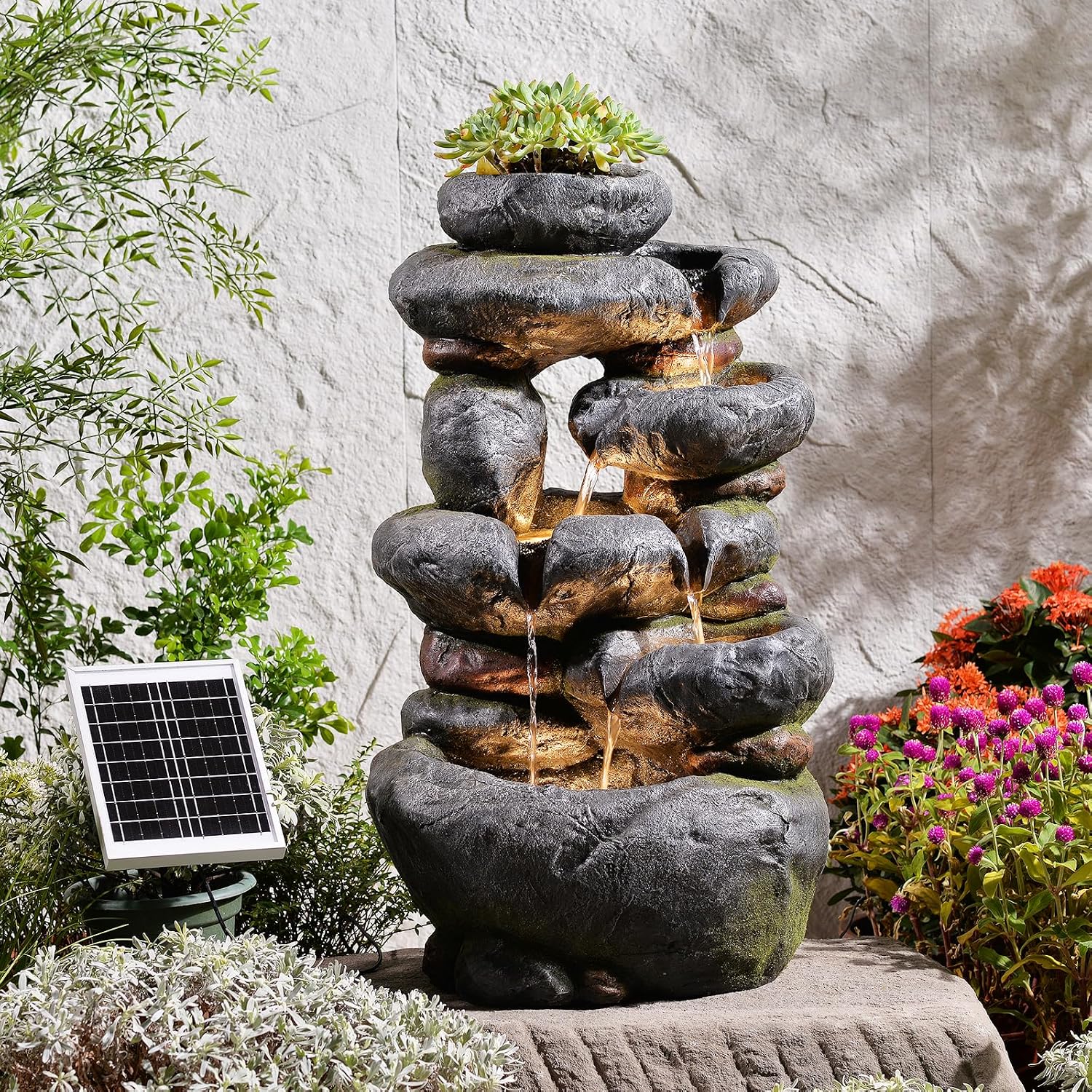 5 Tiers Cascading Solar Water Fountain Outdoor Garden,29.5" H Outdoor Water Fountain with LED Lights Pump and Flowers Pot for Patio, Backyard, Deck, Porch, Home Decor Natural Stone Look