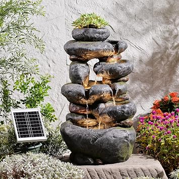 5 Tiers Cascading Solar Water Fountain Outdoor Garden,29.5" H Outdoor Water Fountain with LED Lights Pump and Flowers Pot for Patio, Backyard, Deck, Porch, Home Decor Natural Stone Look