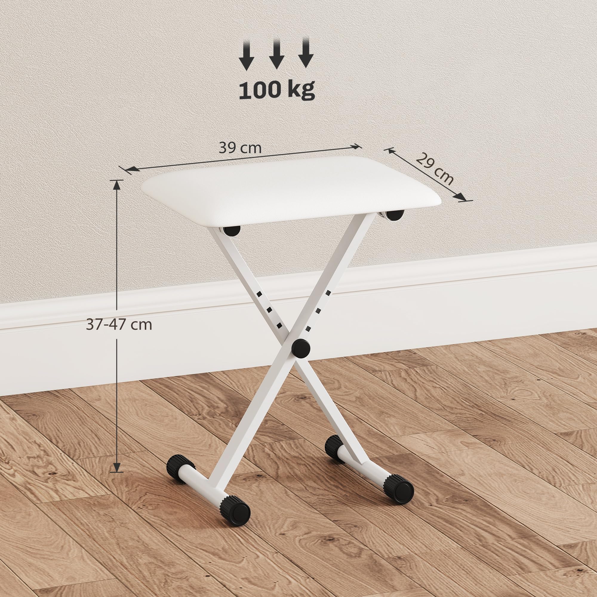HOMCOM Tabouret Piano Pliable, Banc Piano réglable en Hauteur de 37 à 47 cm, siège rembourré en PU et Pieds en métal antidérapants, Charge 100 kg, Blanc