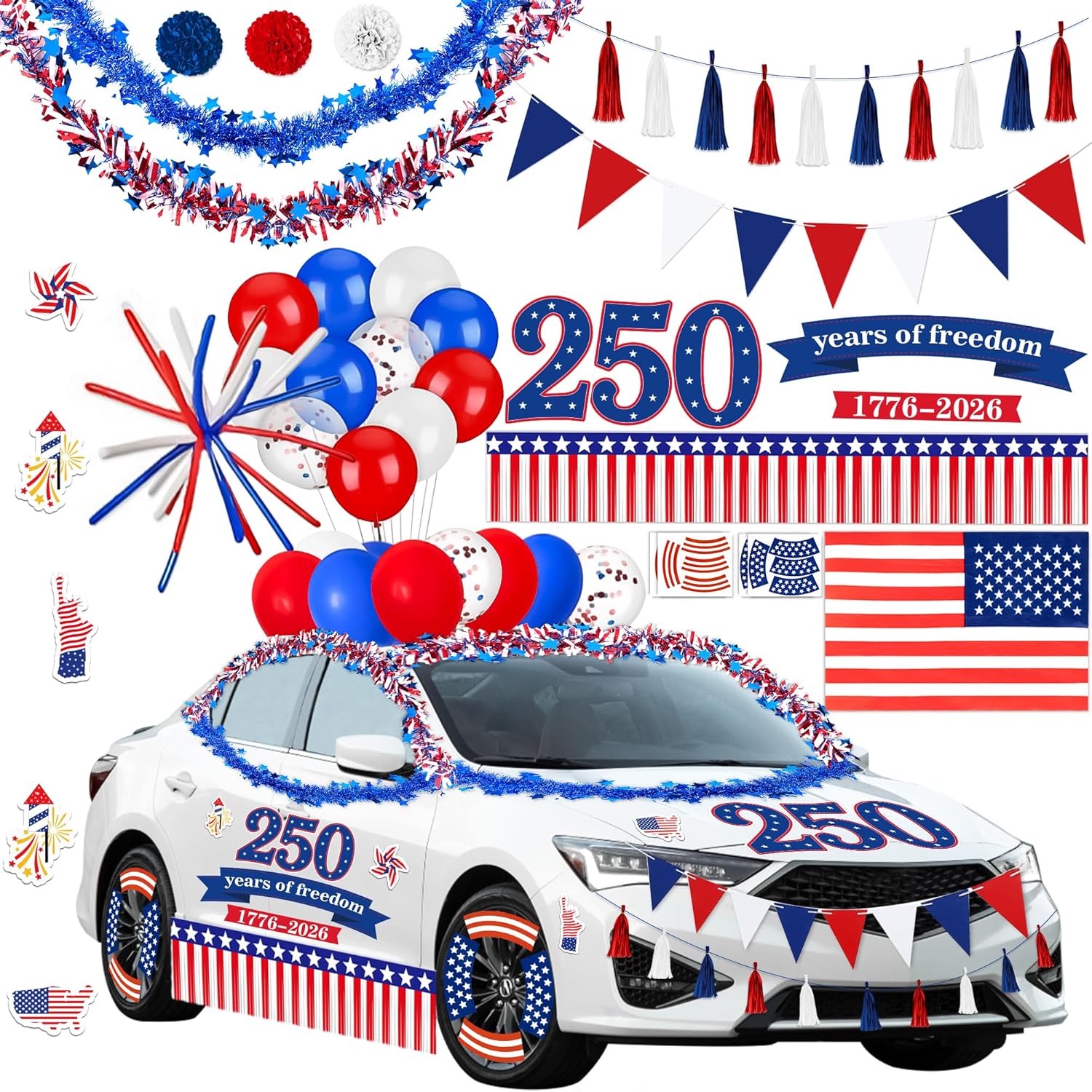 56PCS 250th Anniversary 4th of July Parade Car Decoration Kit: Flag, Tinsel Garlands, Banners, Etc - Red White Blue Decor for Patriotic Independence Day Party Favors