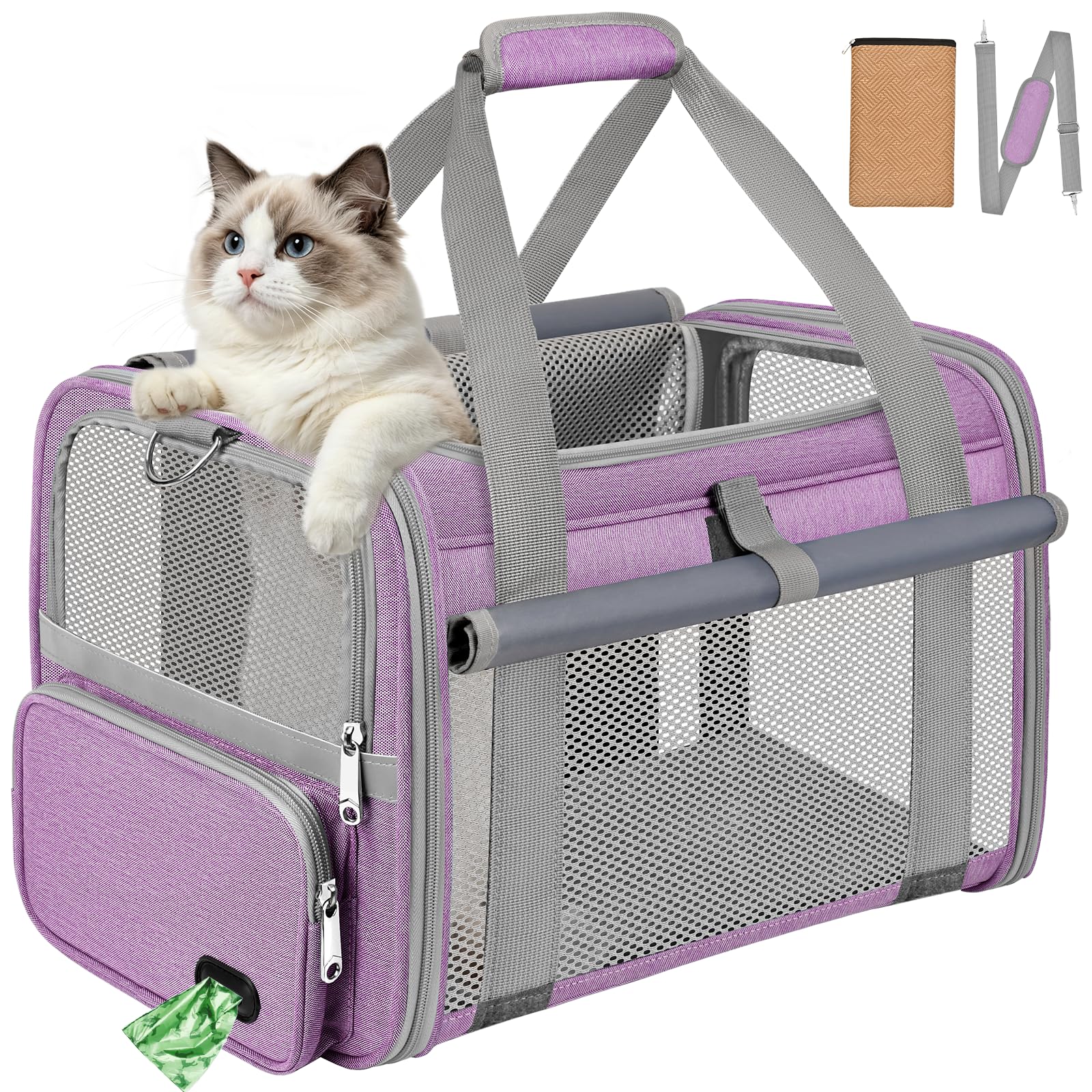 BTNEEU Soft Sided Cat Carrier Bag Airline Approved Large Pet Carrier Portable Dog Carrier Ventilated Foldable Pet Travel Carriers Bag For Cats/Small Dog With Shoulder Strap & Washable Mat (Purple)