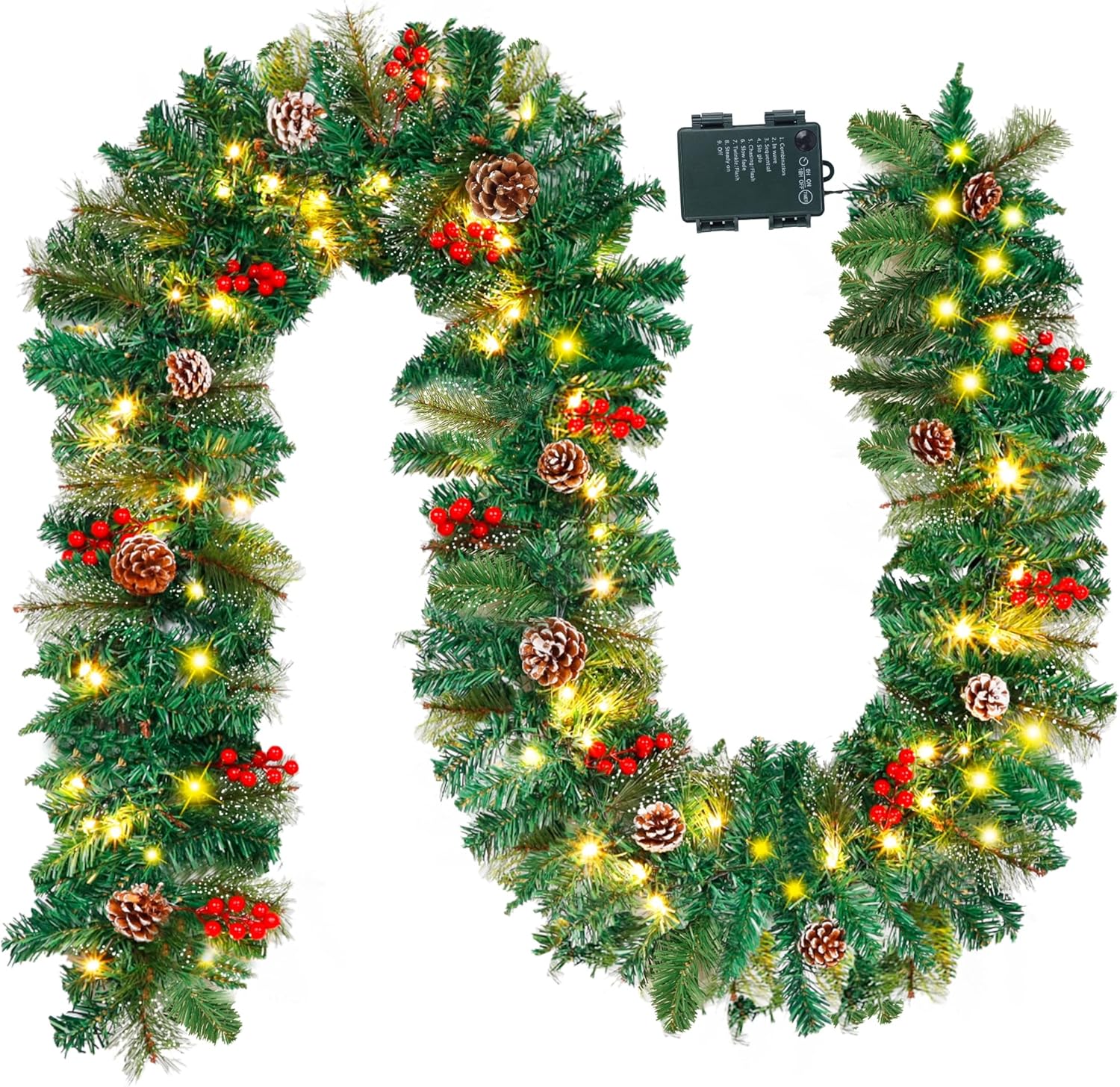 Juegoal 9FT Christmas Garland, Pre-lit Artificial Garland Decorations Greenery with Flowers, Berries Cones Balls Ornament, Warm White 50 LED Lights, Indoor/Outdoor, Flocked with Mixed Decor Juegoal 9FT Christmas Garland, Pre-lit Artificial Garland Decorations Greenery with Flowers, Berries Cones Balls Ornament, Warm White 50 LED Lights, Indoor/Outdoor, Flocked with Mixed Decor