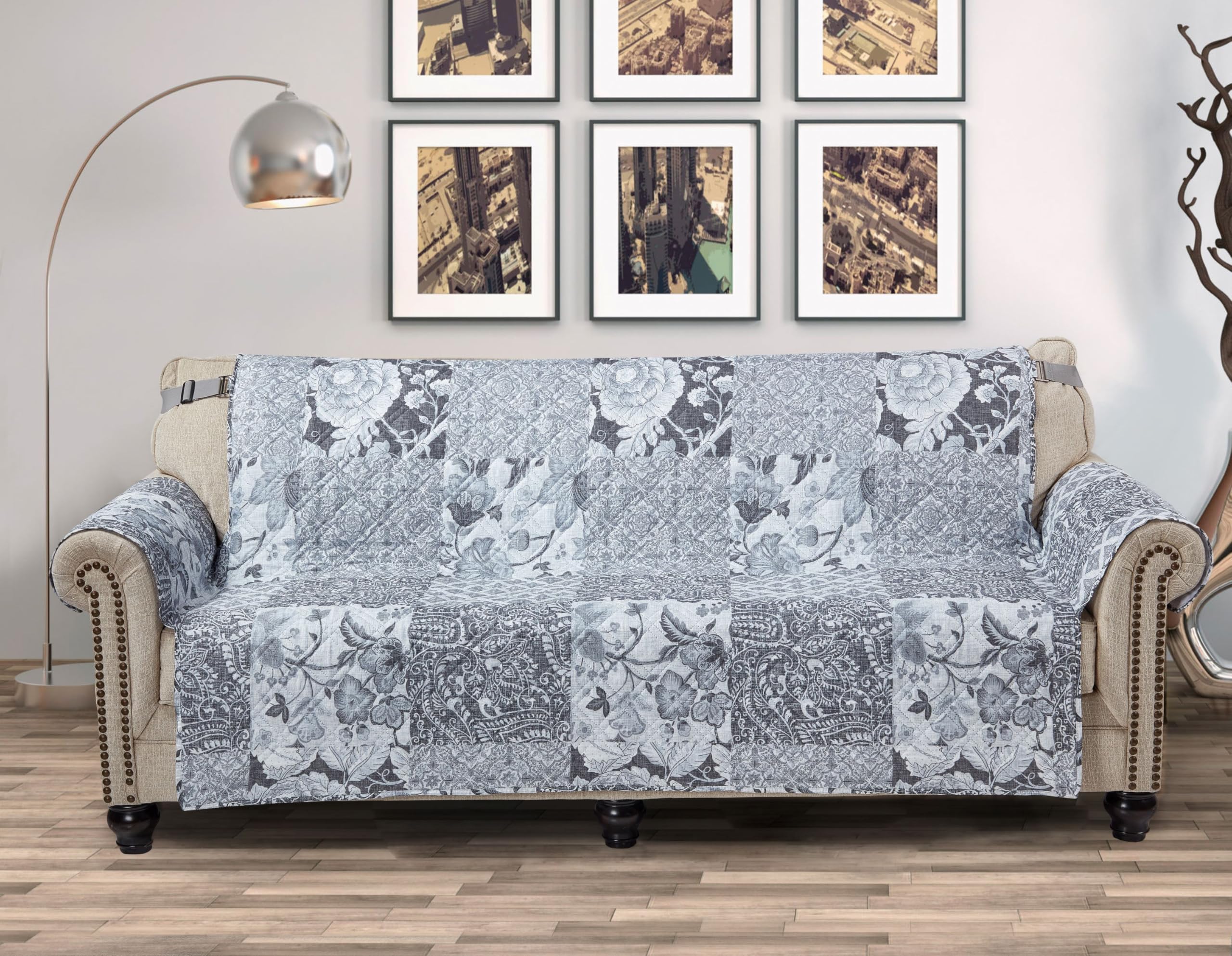 Brilliant Sunshine Funda de sofá de retazos de flores grises, funda acolchada para sofá grande, 70 pulgadas de ancho del asiento, protector de muebles antideslizante, correa de 2 pulgadas, funda