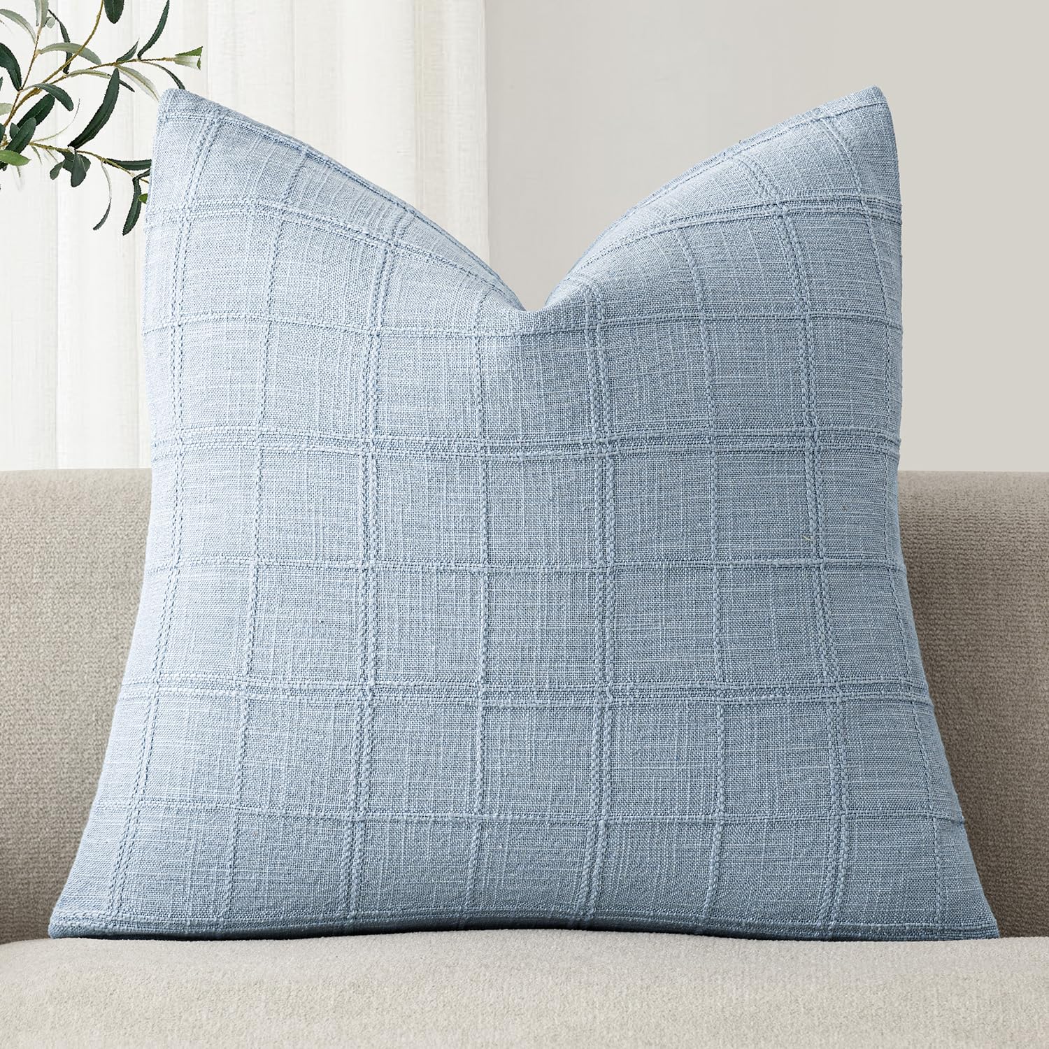 Foindtower Set of 1 Decorative Linen Check Throw Pillow Cover Neutral Farmhouse Vintage Cushion Cover Modern Boho Accent Home Decor for Sofa Chair Couch Bedroom Living Room,18×18 Inch,Sky Blue