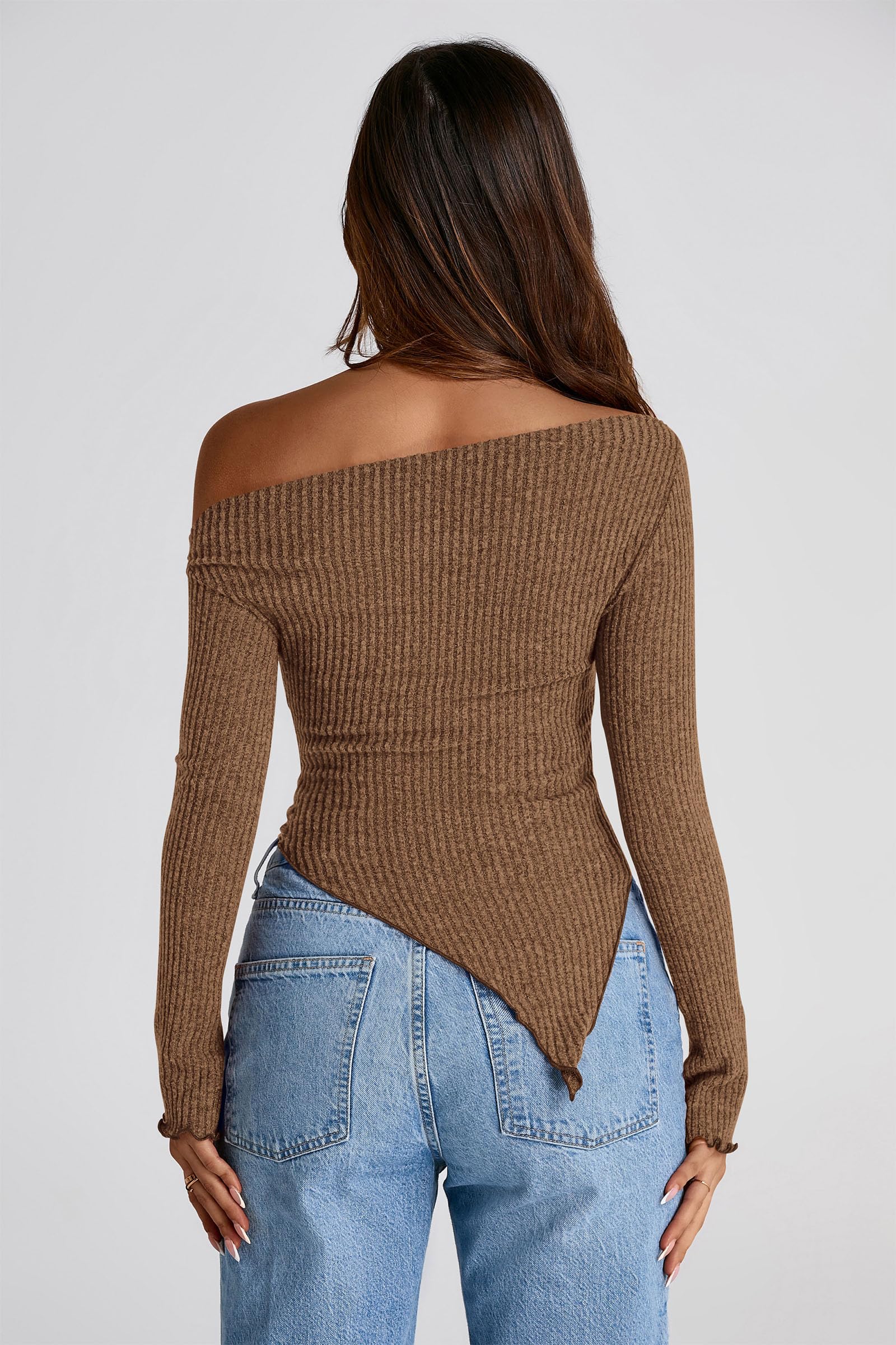 PRETTYGARDEN Women's Spring Long Sleeve Y2K Crop Top Trendy Off Shoulder Asymmetrical Fitted Knit Tee Shirts Going Out Tops