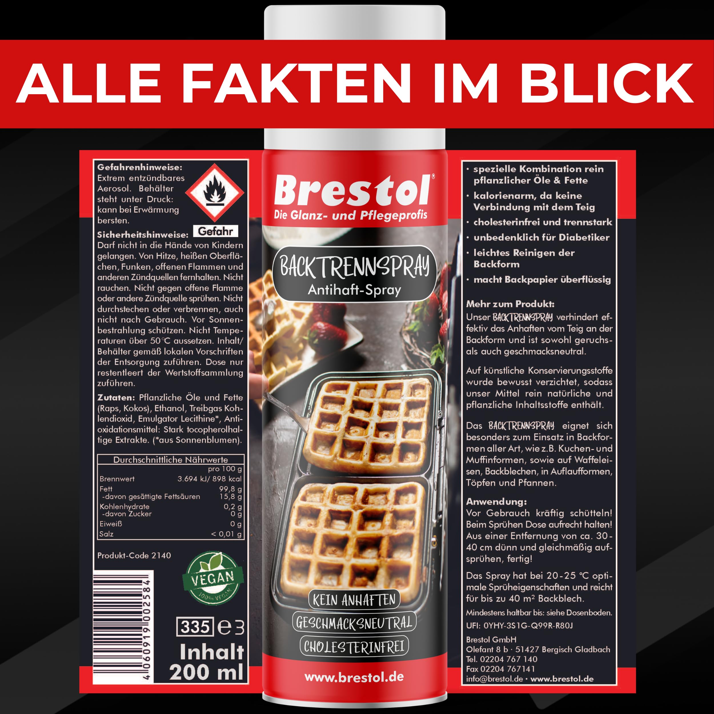 BRESTOL® Lot de 4 sprays de démoulage pour pâtisserie, 200 ml, végétalien, polyvalent et parfait pour les pâtisseries de vacances. Spray anti-adhésif pour gâteaux de fête, biscuits, utilisation