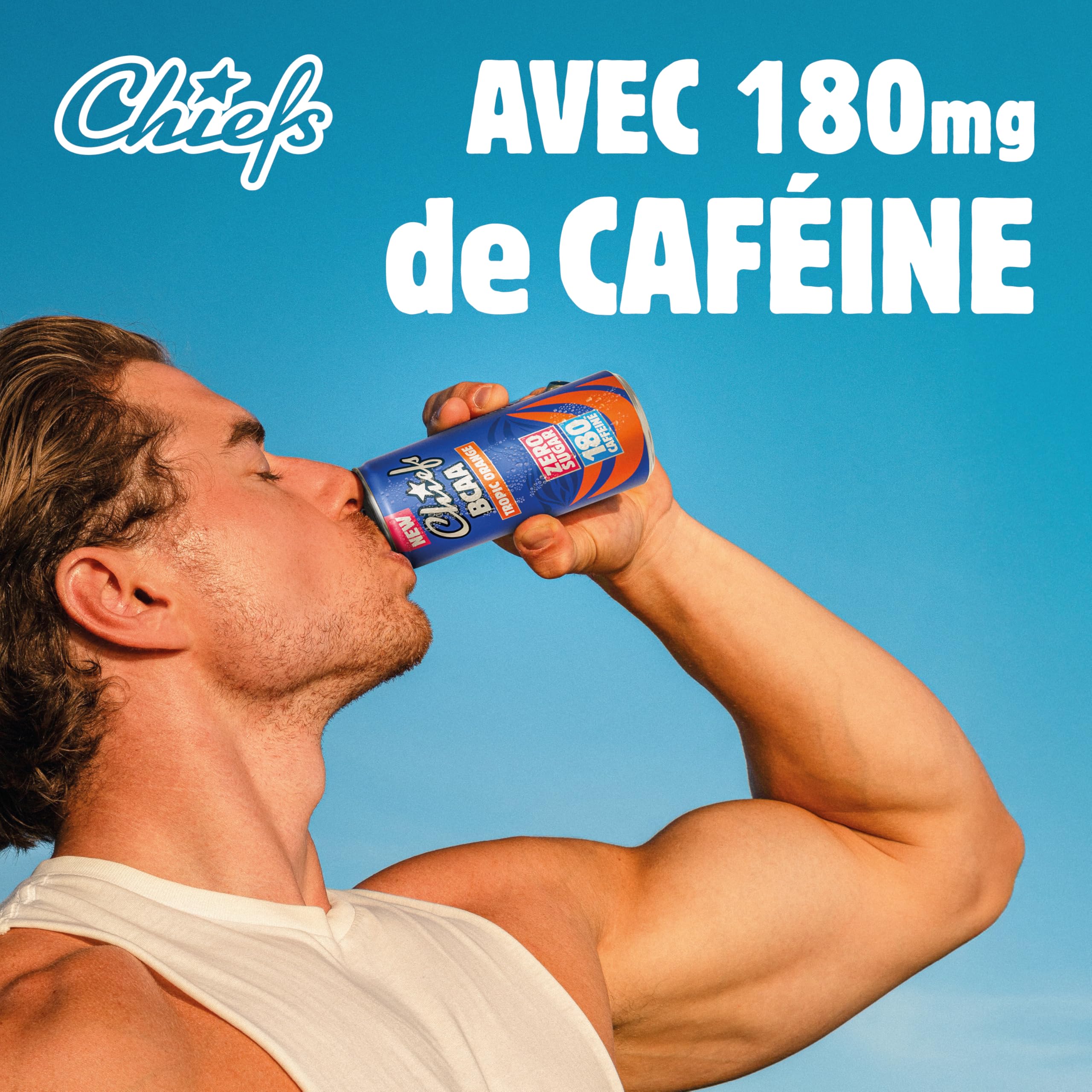 CHIEFS Boisson énergisante goût Orange Tropicale, 180 mg de caféine, 24x330ml boissons énergétiques, Sans Sucre et avec BCAA (Tropic Orange)