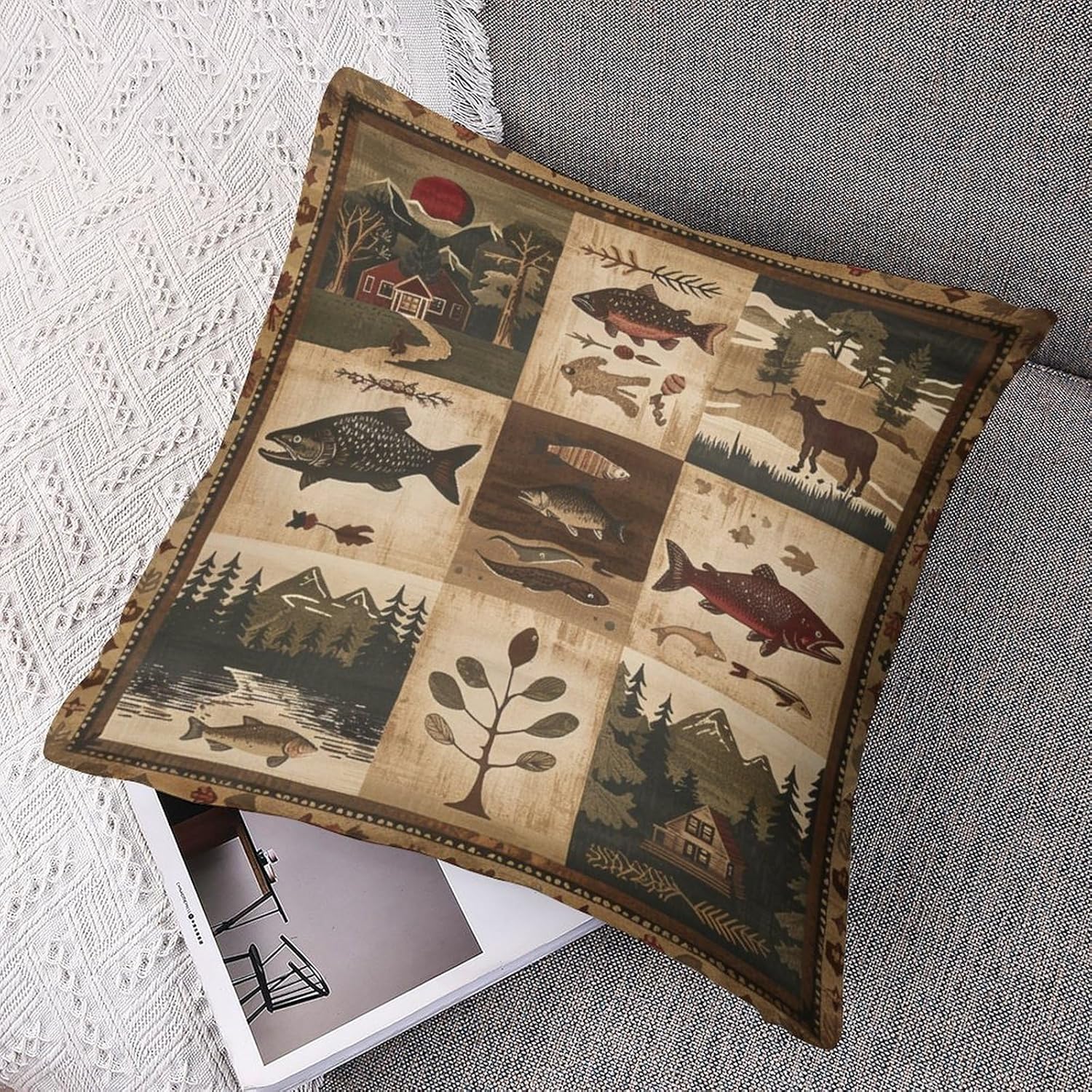 2 Packs Retro Rustic Lake Fish Throw Pillow Covers for Living Room, Farmhouse Cabin Pine Tree Pillow Covers Cushion Case for Couch Sofa Bed, 20x20