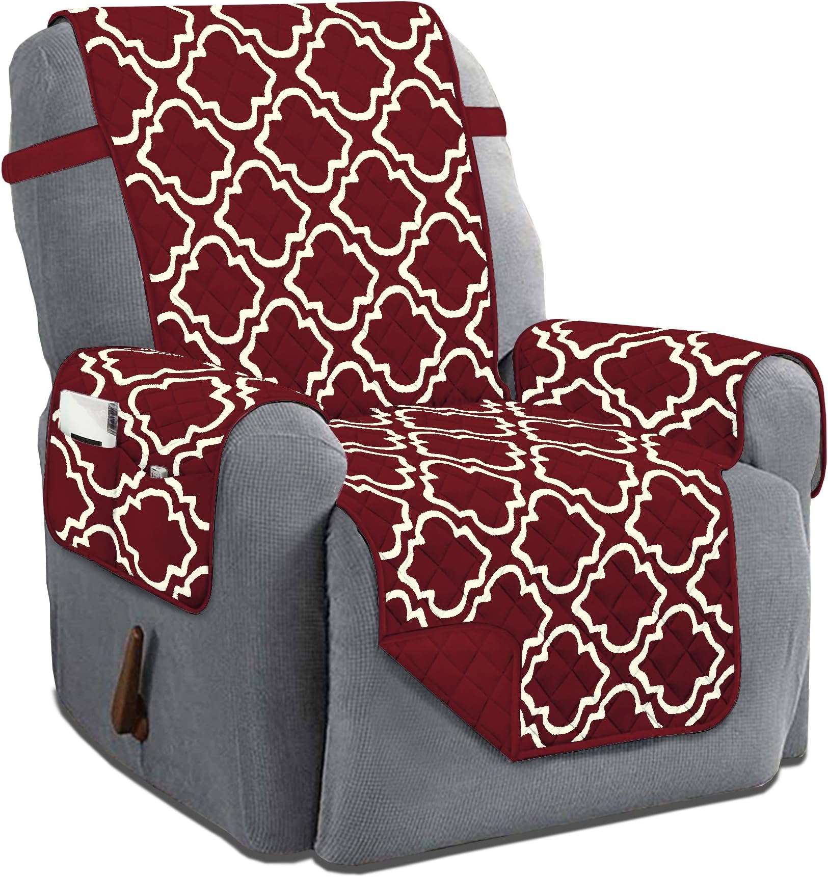 Austin Reversible Solid/Print Microfiber Furniture Protector with Strap & Side Pockets (Recliner, Burgundy)