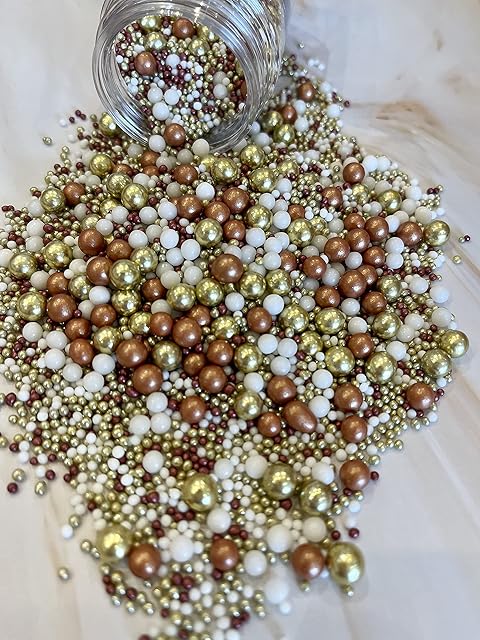 Metallic / Shimmer Balls Edible Cupcake Cake Topper Sprinkles (90G Tub) (Gold, Copper and White Mix)