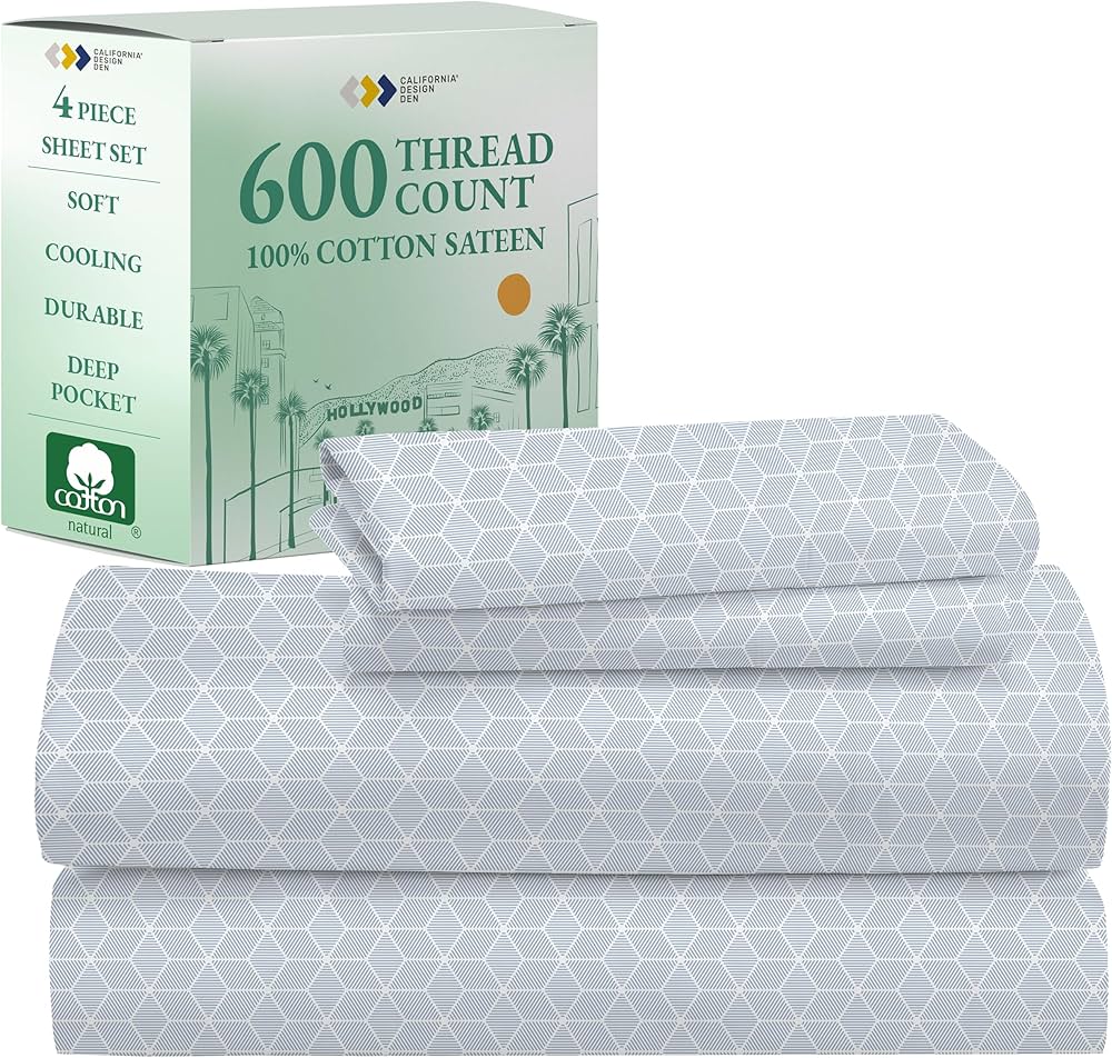 California Design Den Luxury King Size Sheet Set - 100% Cotton, 600 Thread Count Deep Pocket King Sheets, Hotel-Quality Bedding with Sateen Weave - Urban Geometric Print