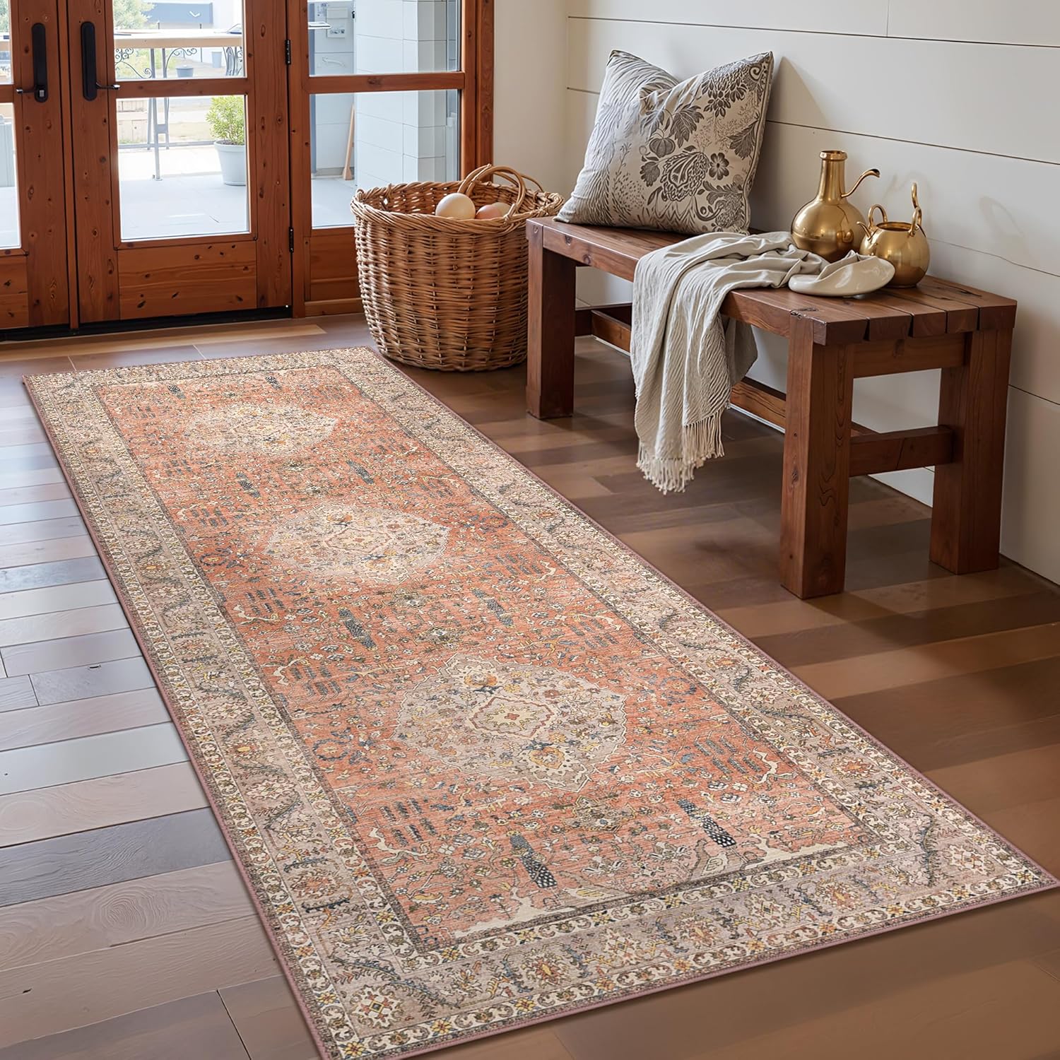 GENIMO Hallway Runner Rugs Non Slip, Washable Kitchen Runner 8ft, Boho Rugs for Entryway, Ultra-Thin Low Pile Soft Superfine Yarn Long Carpet for Laundry, Floor, Bedside, Corridor, Terracotta, 2'6"x8'