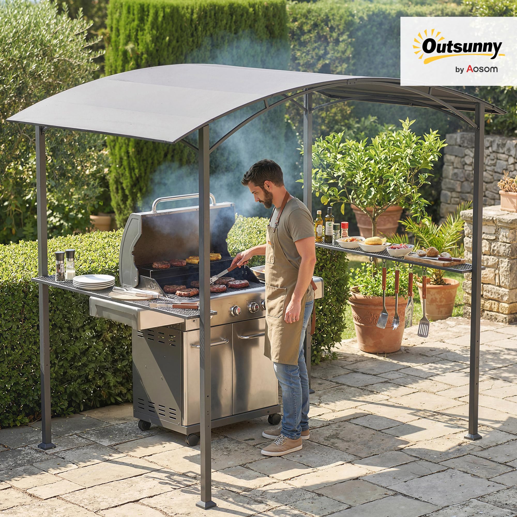 Outsunny Abri pour Barbecue avec Crochets 245 x 152 x 218 cm Gris Foncé | Tonnelle de Jardin, Tonnelle Barbecue Exterieur, en Acier, avec Étagères Latérales, pour Terrasse Jardin Cour