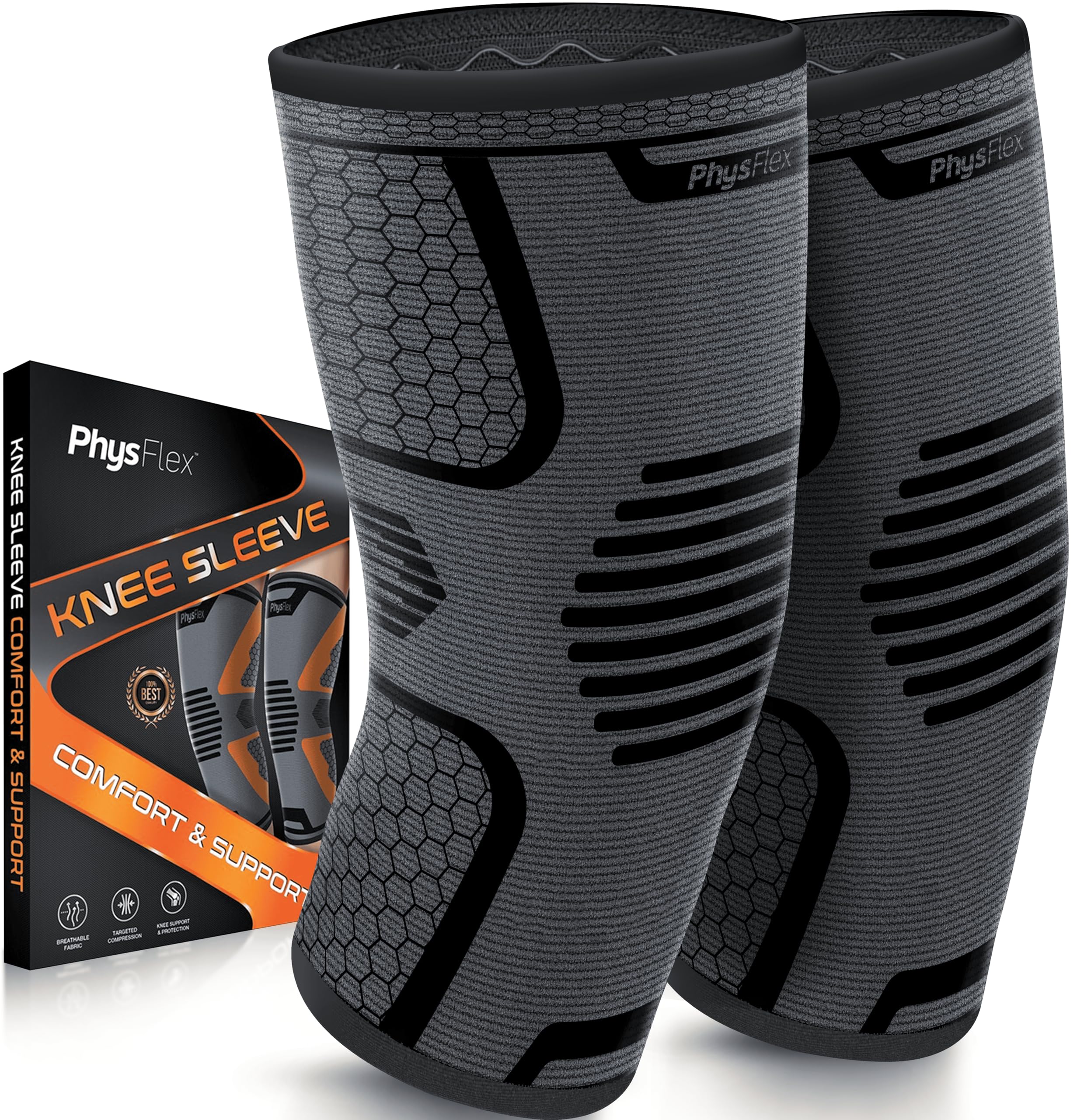 Knee Brace for Pain Relief - 2 Pack Knee Compression Sleeves for Men and Women - Support for Weightlifting, Gym, Workout, Volleyball - Meniscus Tear, ACL, Arthritis (Honeycomb, Gray/Black, X-Large)