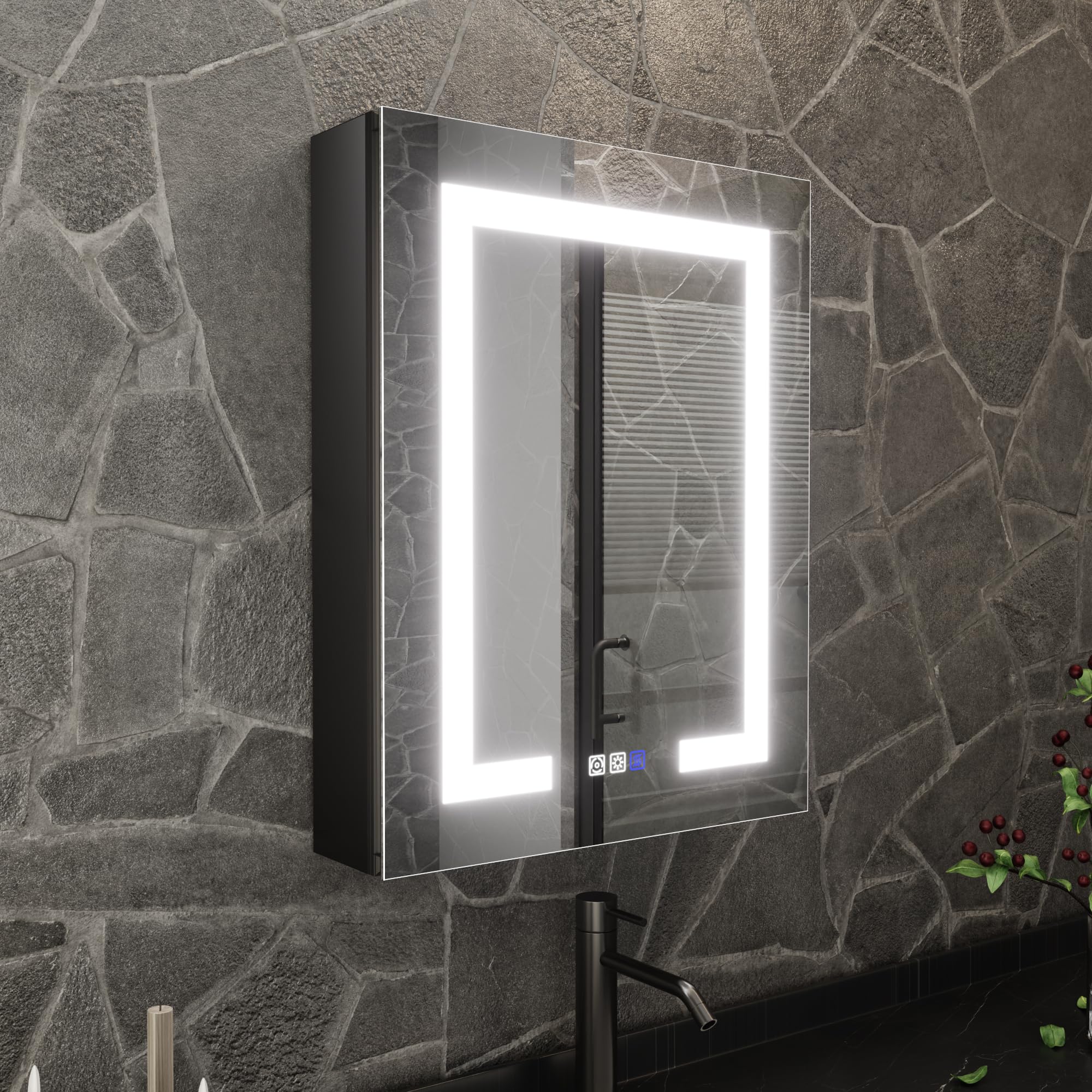 Lighted Medicine Cabinet 20 x 26 Inch, LED Medicine Cabinet Recessed or Surface Mount, Defog, Stepless Dimming,Color Temper 3000K-6400K,Interior LED Lighting, Black Frame,Right Hinge