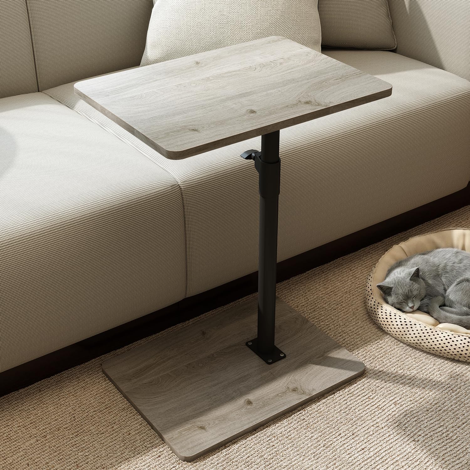 YUHFERA Sofa Armrest Tray Table for Couch - 360 Swivel Height Adjustable C Shaped End Table for Small Spaces, Snack Side Table for Bed or Chair with Phone &amp; Tablet Slot (Gray, Enlarged)
