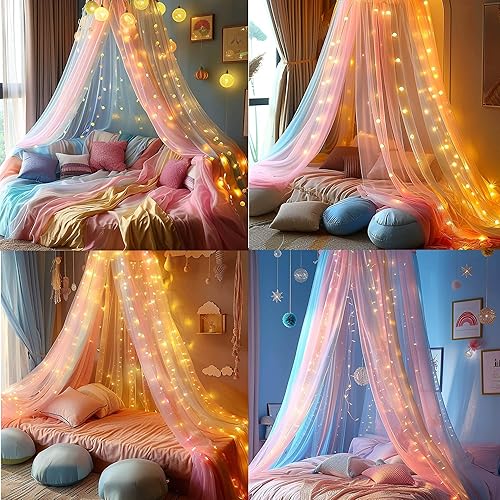 Vista 24 de Toldo de cama con luces, toldo de cama de mosquitero para niñas, cortinas de cama tamaño matrimonial y queen desde el techo, mosquitera de cúpula