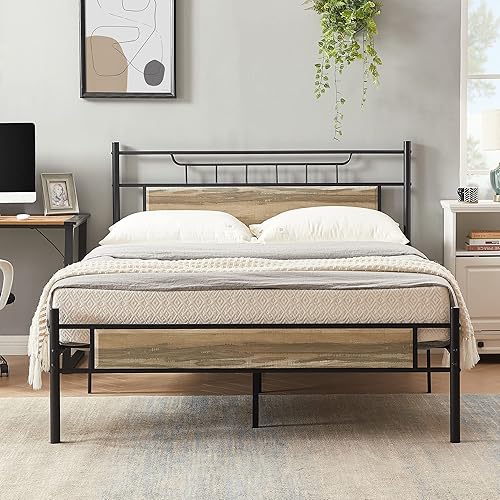 Miniatura 3 de VECELO Base de cama de plataforma de metal de tamaño matrimonial con cabecera de madera base de colchón soporte de listones de acero premium no