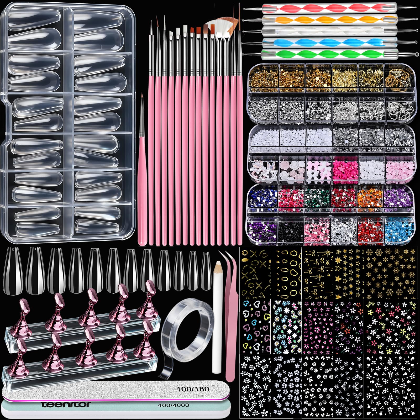 Teenitor Acrylic Nail Kit with Clear Coffin Nail Tips, Nail Charms and Gems, Nail Stickers, Nail Art Brushes, Nail Dotting Tools, Nail Stand, Press On Nails Kit for DIY Nail Art