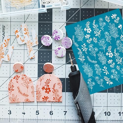 Miniatura 4 de OLYCRAFT Clay Stencils Pantalla de seda de flores silvestres para arcilla polimérica, plantilla botánica de transferencia no adhesiva para jardín de