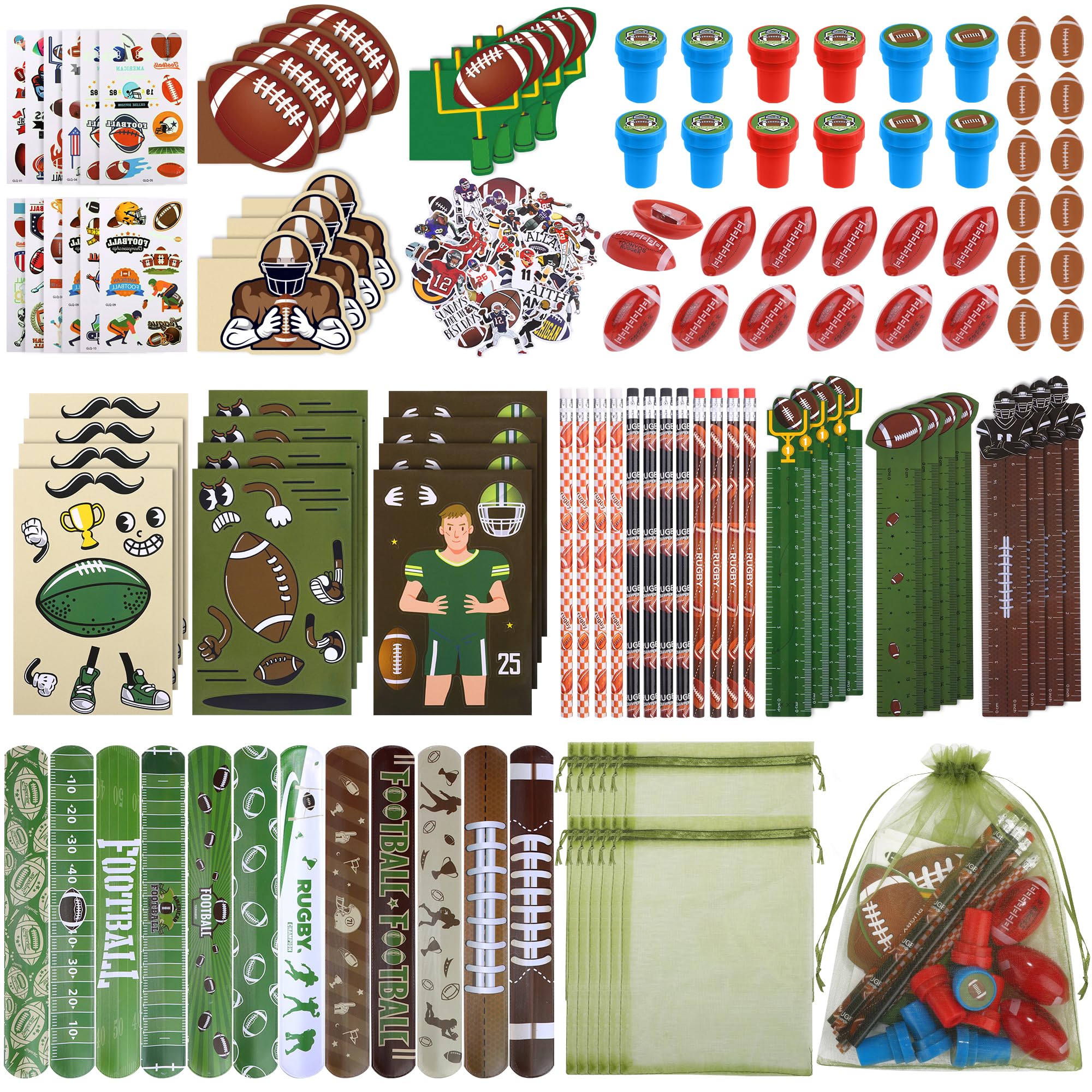 Aneco 170 Piece Football Party Favor Set Football Goodie Bag Stuffers Mini Card Pencil Sharpener Eraser Stamp Slap Bracelet Sticker School Stationery Bulk for Sport Party Team Game Prize Birthday Gift