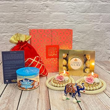 LoveNspire Diwali Gift Hamper Indian Festival Premium Deepawali Return Gift Box with Potli Bag Elephant Statue Pearl Candle Holder Chocolates Thanksgiving Hampers for Friends Relatives Corporate Gifts