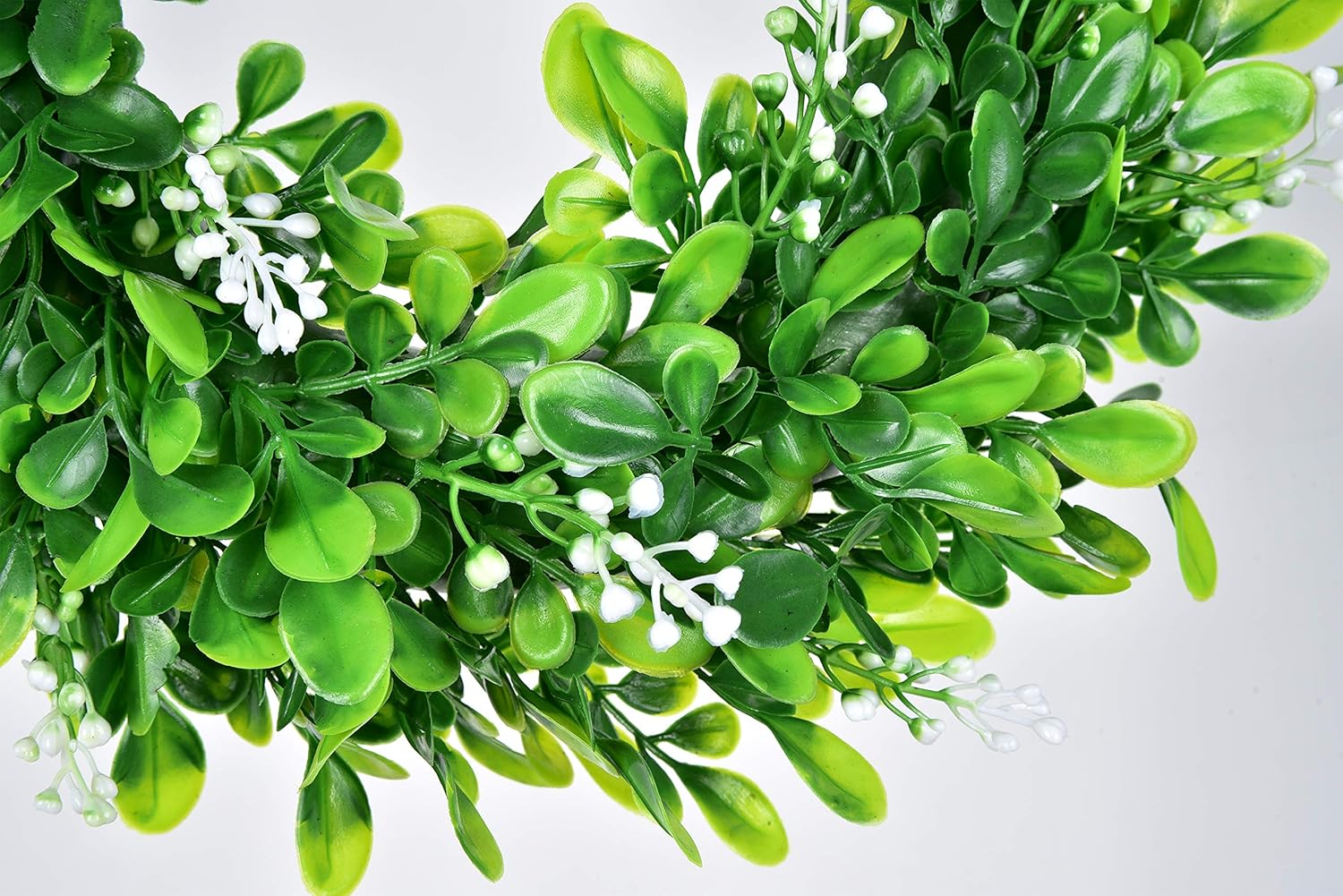 2 Packs Artificial Green Leaves Wreath - 11 inch Artificial Boxwood Wreaths with White Flower for Window Wall Wedding Decor - Image 4