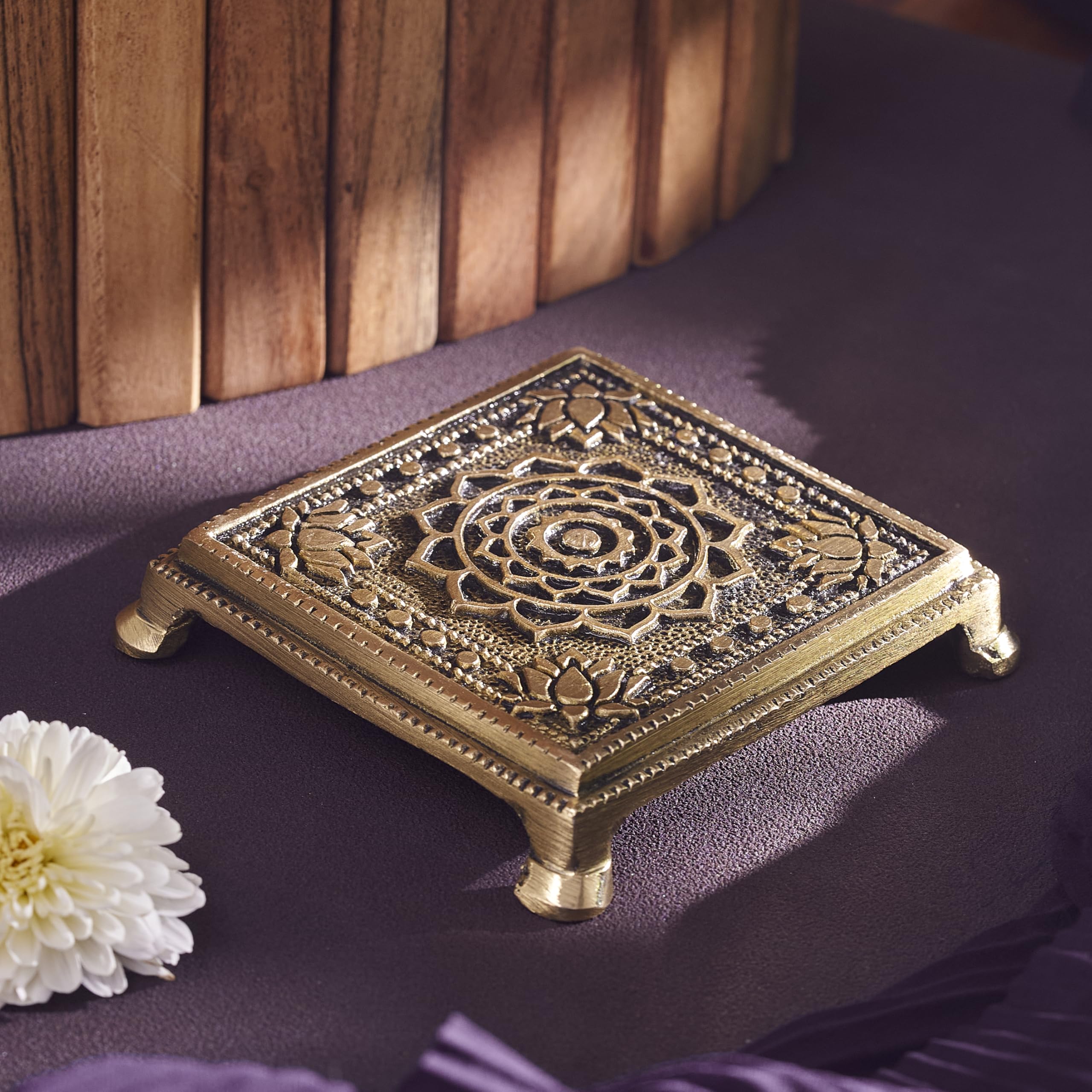 ESPLANADE Brass Engraved Pooja Chowki – 4 Inches Shree Yantra Design, Antique Peetha God’s Stool, Lotus Design Handcrafted Brass Patla for Home Pooja Mandir - Square