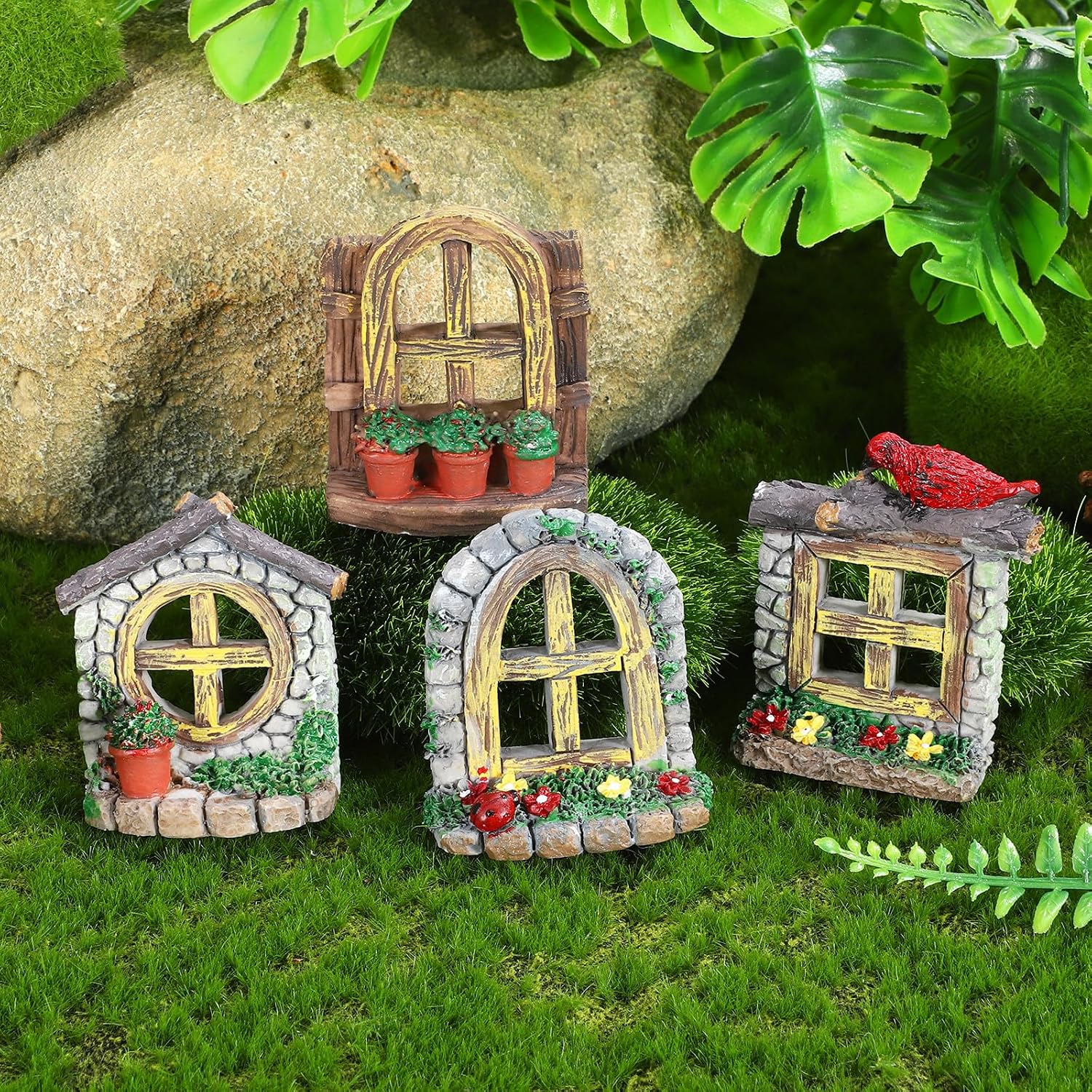 Kisangel 4pcs Fairy Door and Windows for Trees, Miniature Fairy Garden Accessories Resin Door Windows for DIY Fish Tank Succulent Landscape Plant Pots