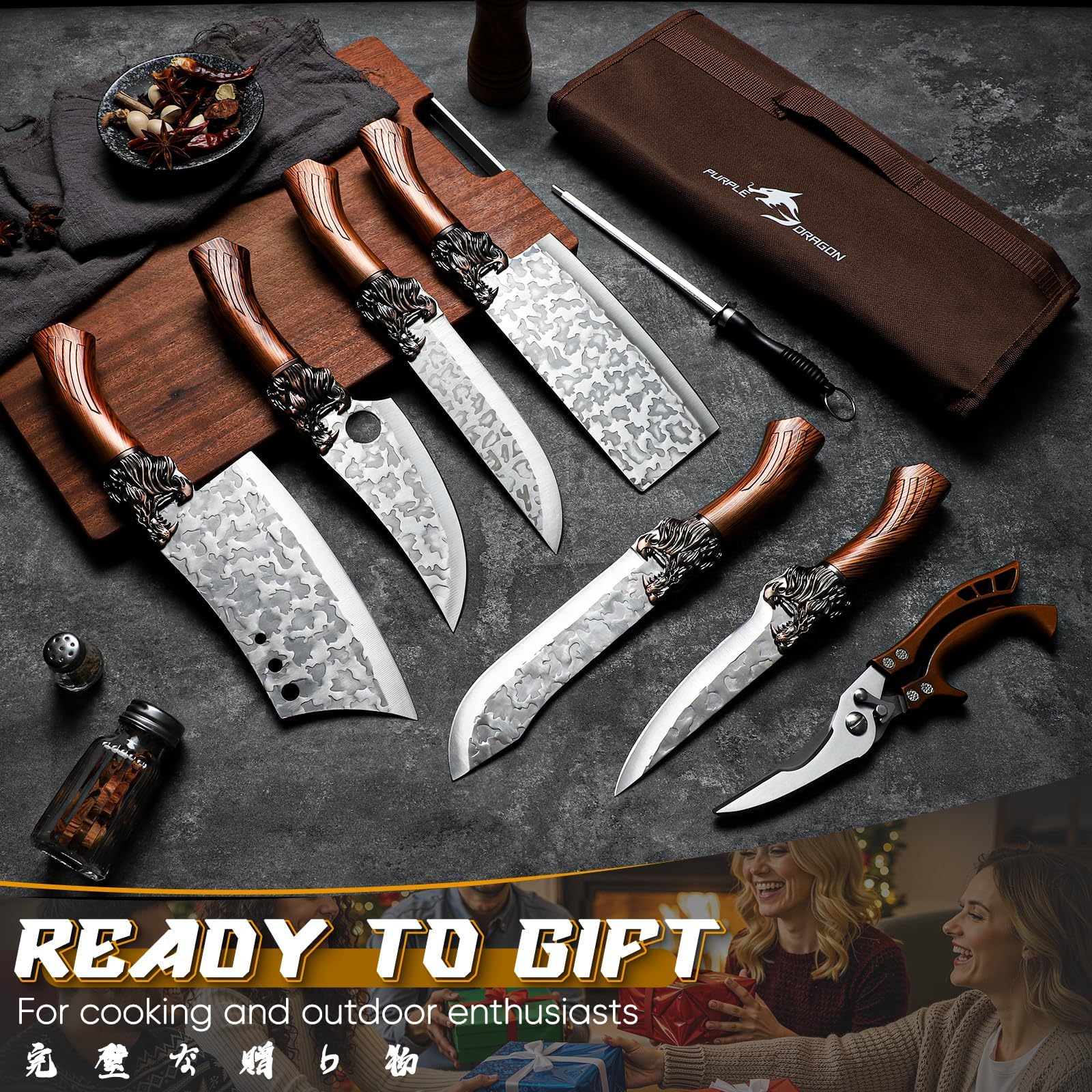 Purple Dragon 8 Pcs Japanese Chef Butcher Knife Set with Roll Bag — Amazon image 7