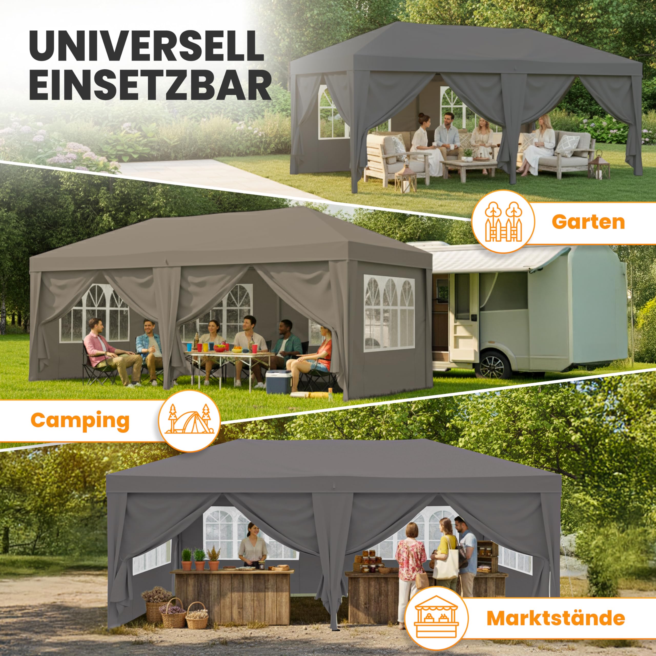NATURIZ® Pavillon 3x6 Wasserdicht, Stabil und UV 50+ Schutz - Faltpavillon mit Seitenwänden hochwertig- Pop Up Zelt für Garten, Camping, Märkte - Partyzelt, Gartenpavillon, Gartenzelt (Grau, 3x6m)
