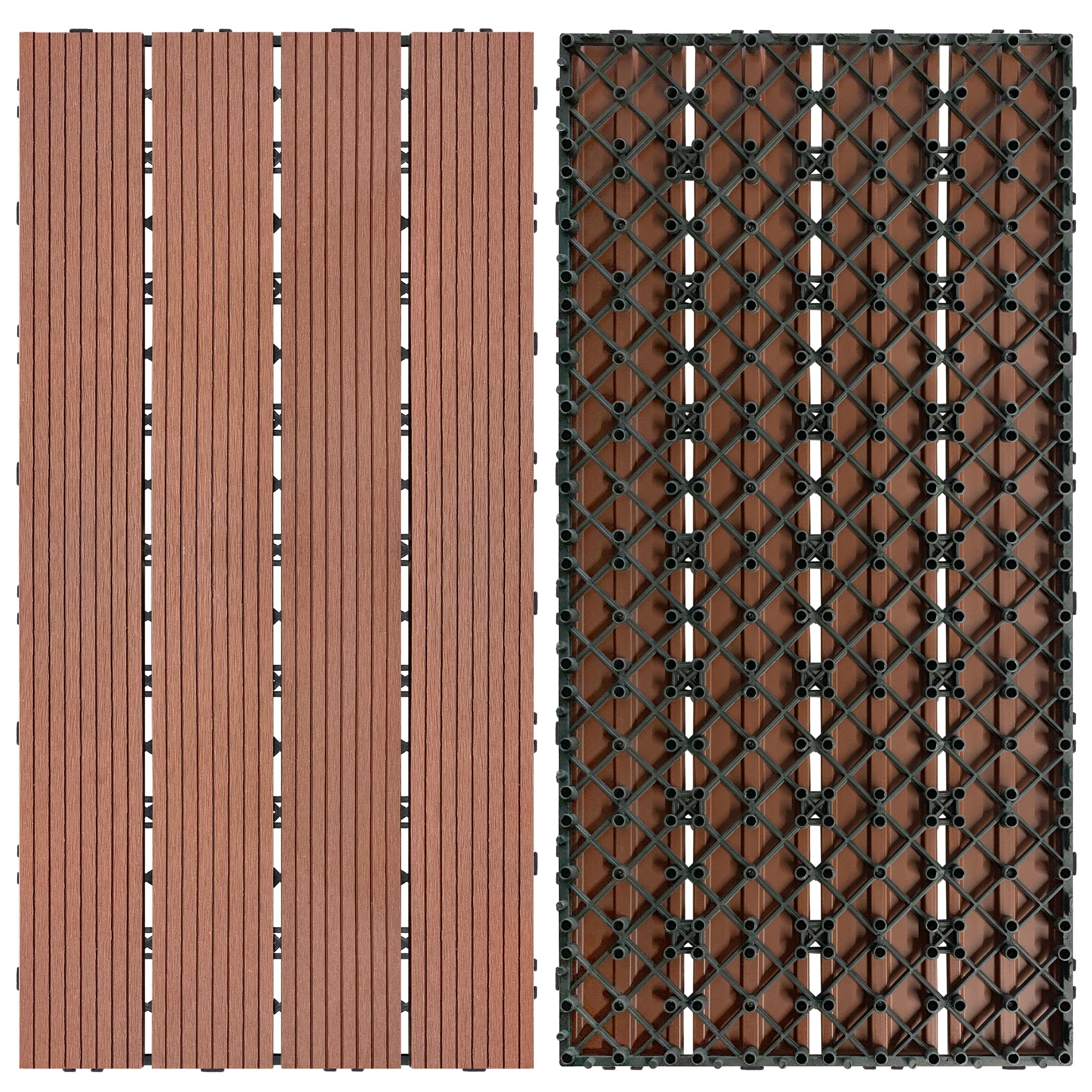 SUBTLETY Płytki tarasowe z WPC, 12 sztuk, o wyglądzie drewna, 30 x 60 cm, płytki na klik, zestaw z drenażem, kratką, tworzywo sztuczne, płytki podłogowe do ogrodu, na taras, balkon, staw (brązowe)