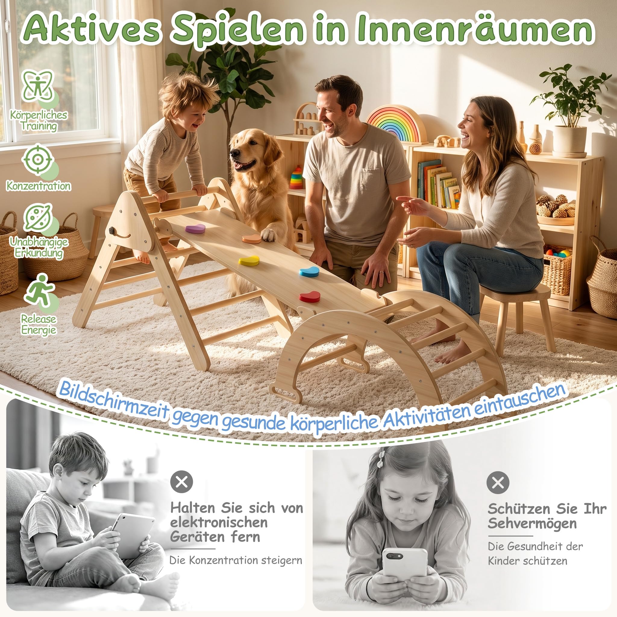 XMTECH Kletterdreieck mit Kletterbogen & Rutsche – 4 in 1 Holz Klettergerüst Indoor, Kletterspielzeug für Kleinkinder 1-3 Jahre, belastbar bis 40 kg, inkl. Kletterbrett & Motorik-Spielgerät