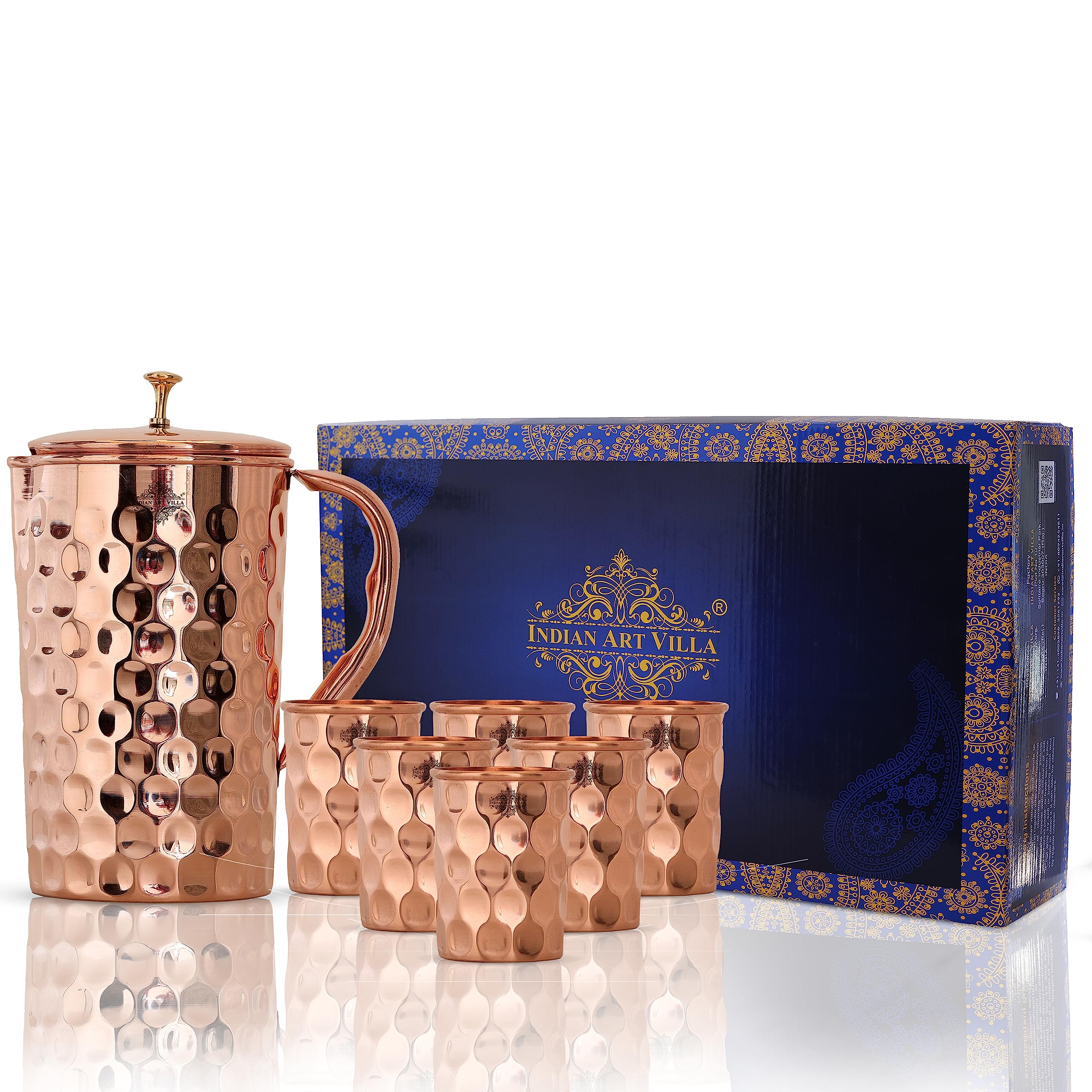 Indian Art Villa Pure Copper Jug Pitcher with 6 Tumbler with Diamond Design Drinkware Serveware Best Gift Set