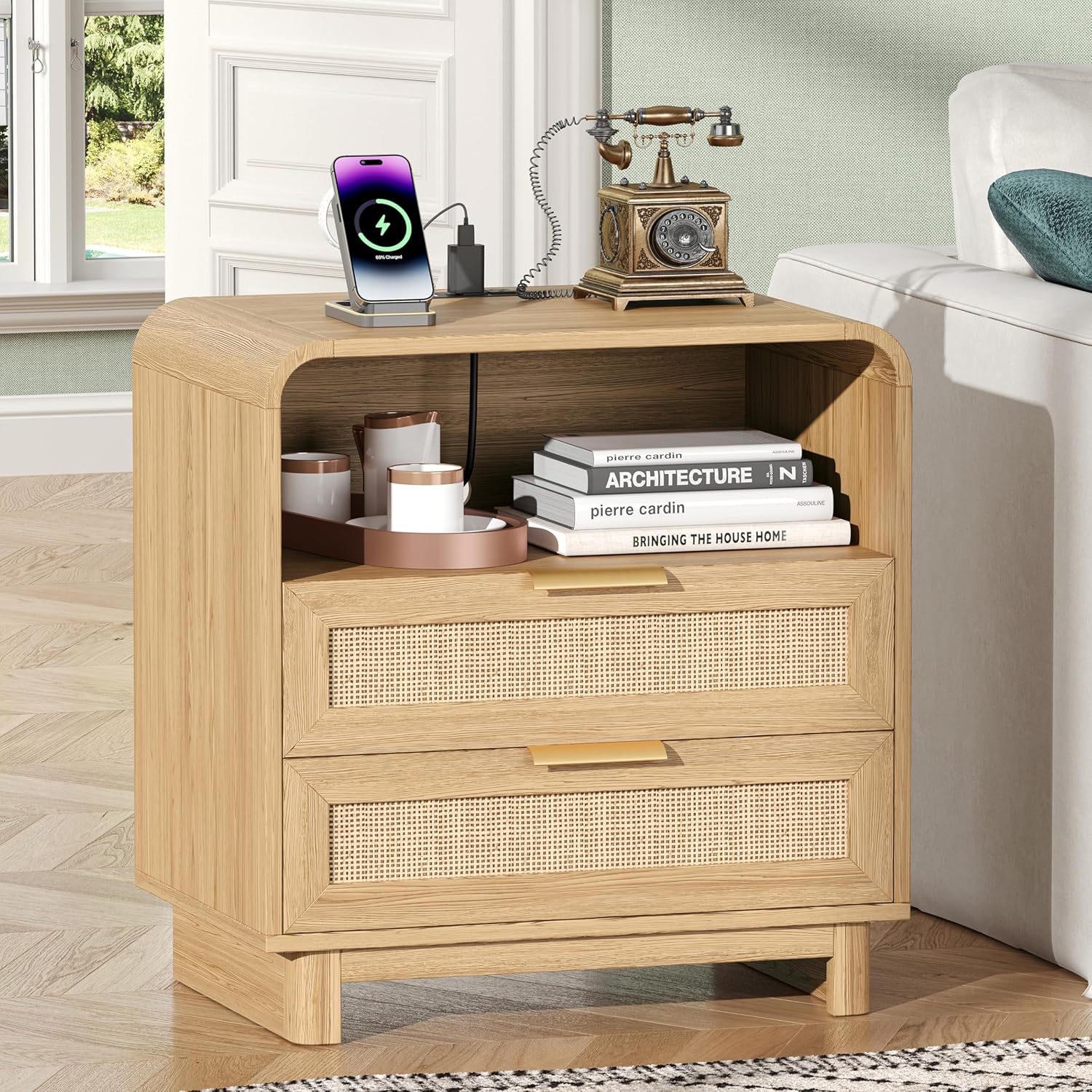 Rattan Nightstand with Charging Station, 23.6" Wide Night Stand with 2 Storage Drawers & Open Shelf, Large Wooden Bedside End Table with Curved Profile Design, for Bedroom, Natural Oak