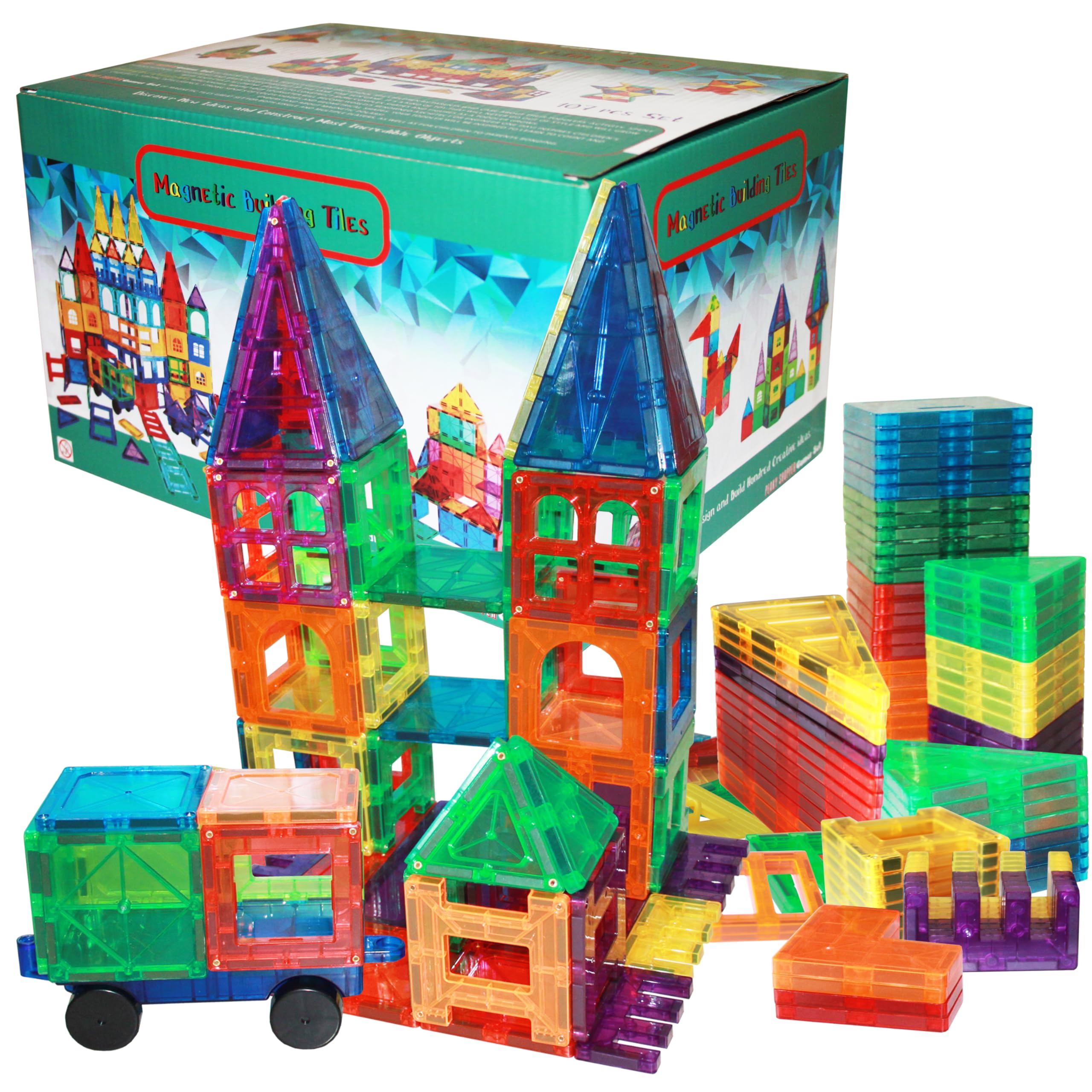 107 Pcs Magnetic Tiles for Kids, Stem Approved Educational Magnetic Blocks, 3d Montessori Toys for Boys Girls, Constructing Shapes Building Sets for Brain Activity & Creativity Eid Gift