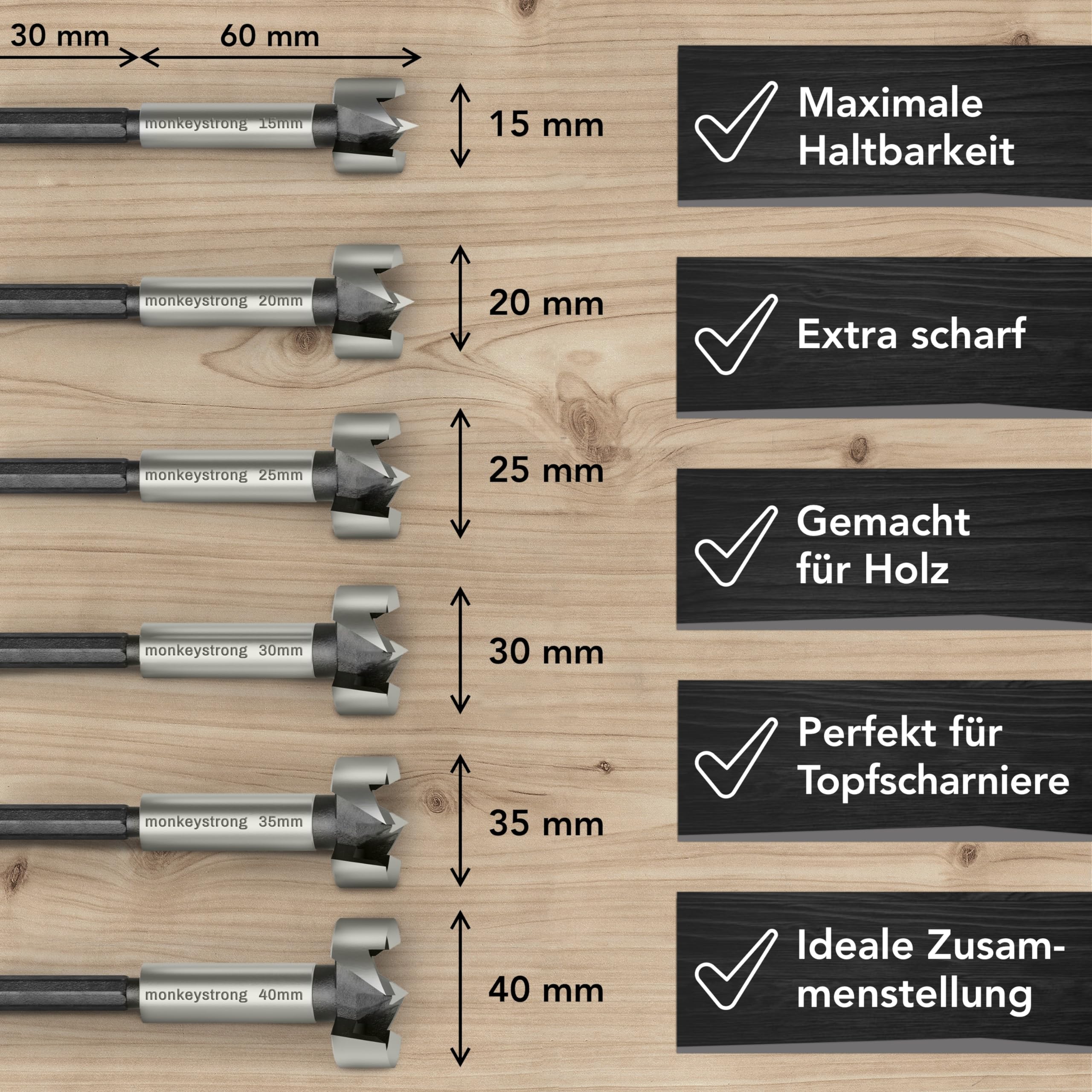 monkeystrong Forstnerbohrer Set 15-40mm 13-tlg mit Tiefenstopp & Schablone | Topfbohrer, Scharnierbohrer, Astlochbohrer, Sacklochbohrer, Kunstbohrer, für Hartholz, Weichholz, MDF & Spanplatte