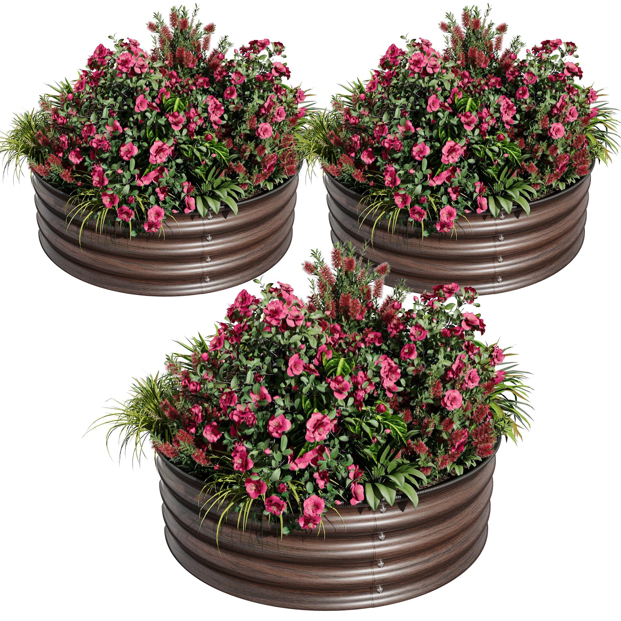 Lot De 3 Jardinière Surélevée Ronde en Acier Galvanisé 60x60x28 cm, Antirouille Anticorrosion, Joints Protecteurs & Fonds Ouverts, pour Légumes, Fruits, Fleurs, Herbes Aromatiques, Balcon