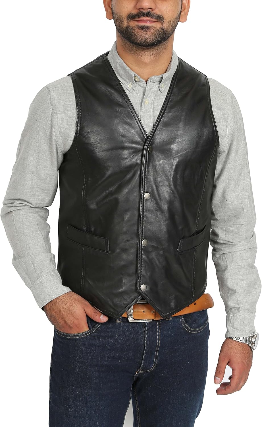 Mens Real Leather Traditional Style Classic Waistcoat Gilet Vest Petrelli Black, Black, L, Black, Large