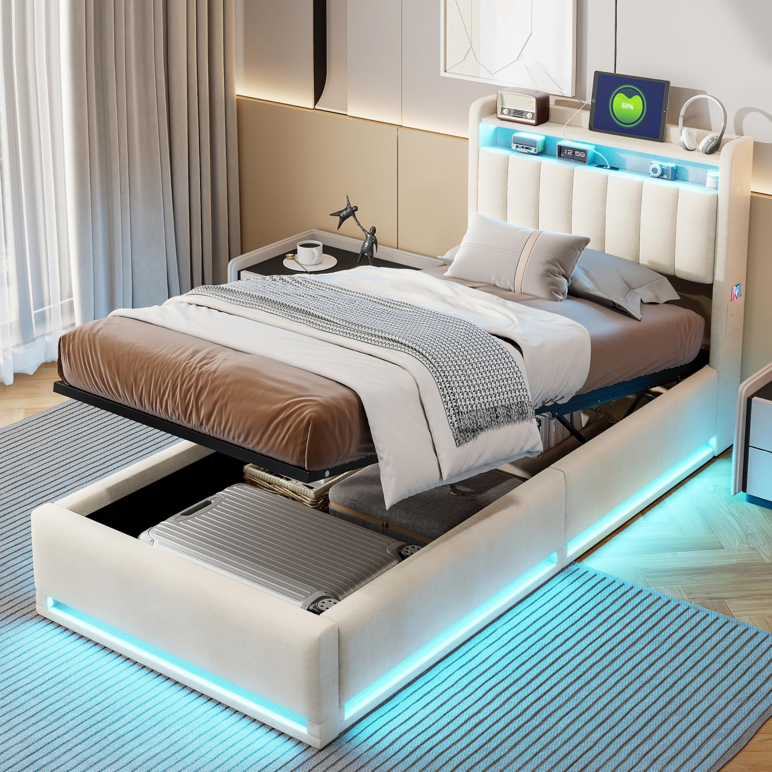 Veyrixan 3ft Ottoman Single Bed Frame with Charging Station & LED,90x190 cm Bed Frame with Hydraulic Lift Mechanism,Upholstered Storage Headboard, Lift-Up Underbed Storage,Beige（No Mattress）