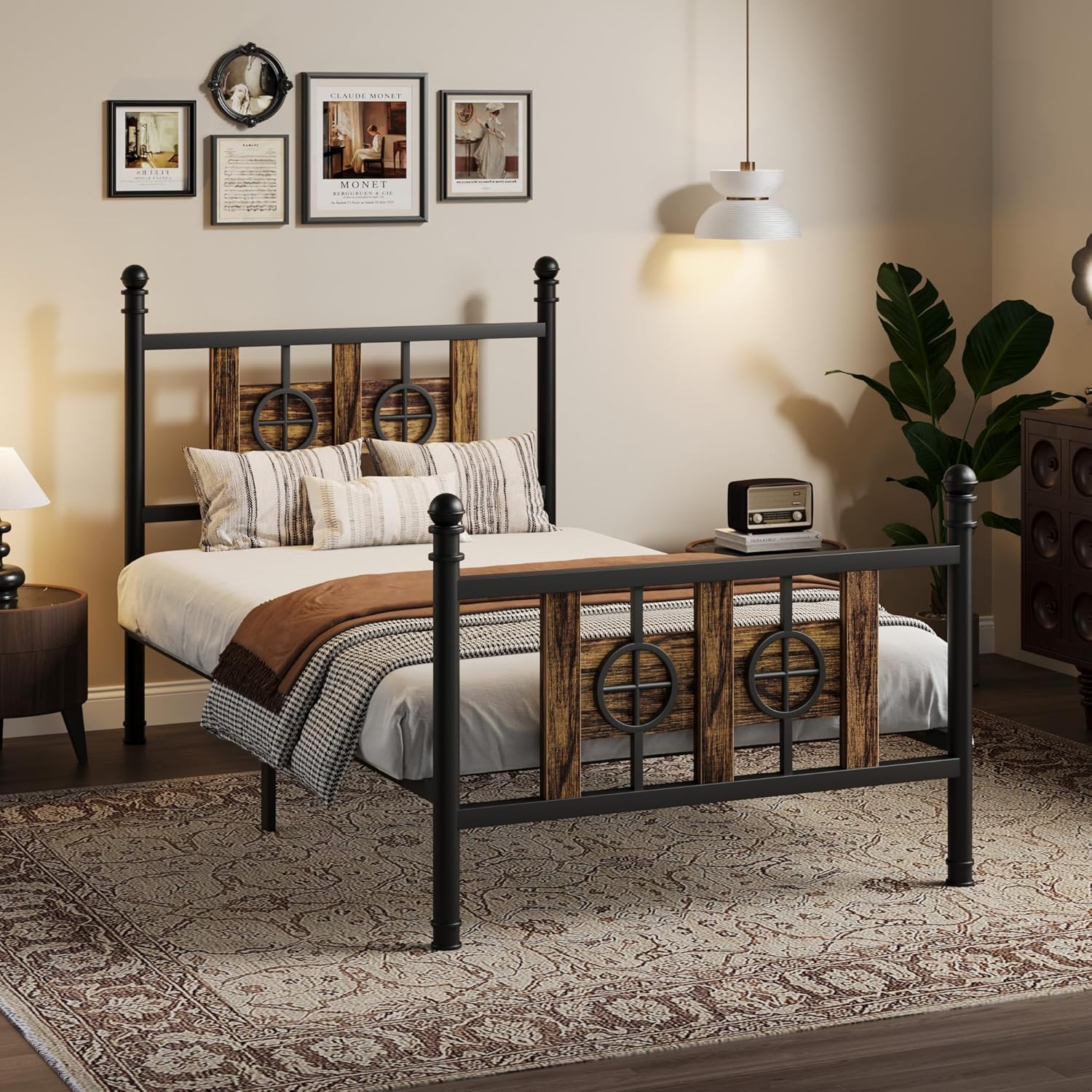 King Size Bed Frame with Headboard and Footboard & Storage Space Under Bed, Metal Twin Bed Frame w/ Vintage Circular Design, No Box Spring Required, Noise-Free, Easy Assembly (Brown, King Siz)