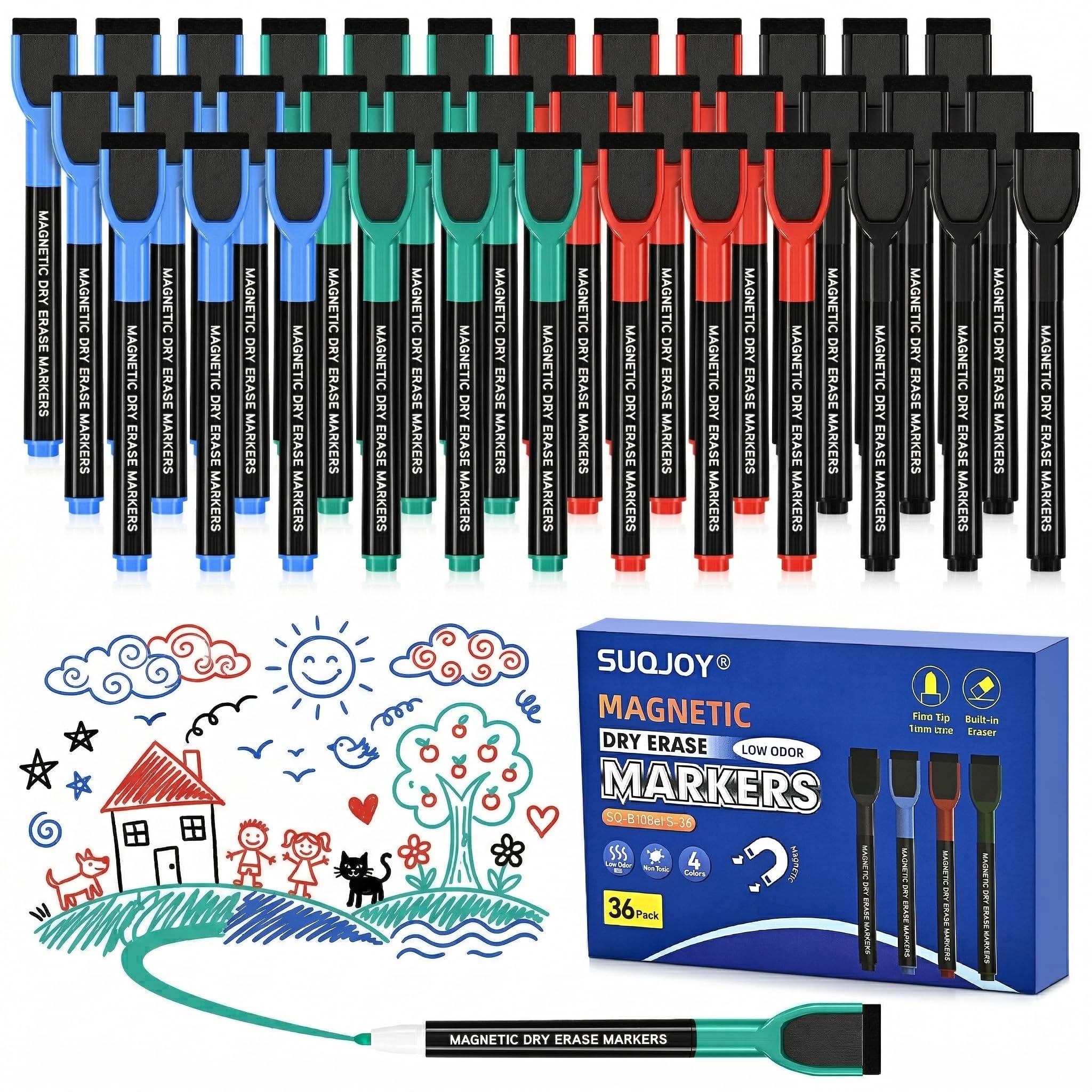 SUQJOY 36 Count Magnetic Dry Erase Markers Fine Tip Whiteboard Markers with Eraser Caps Low Odor 4 Colors
