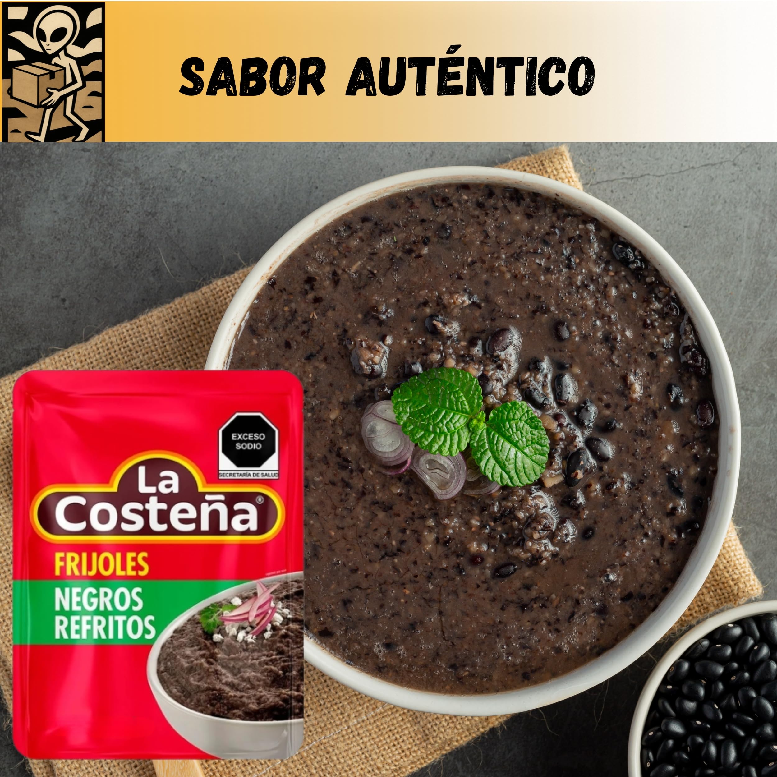 Pack x3 Frijoles Negros Refritos La Costeña 220g, Frijoles Mexicanos Listos para Comer, Ideal para Tacos y Burritos