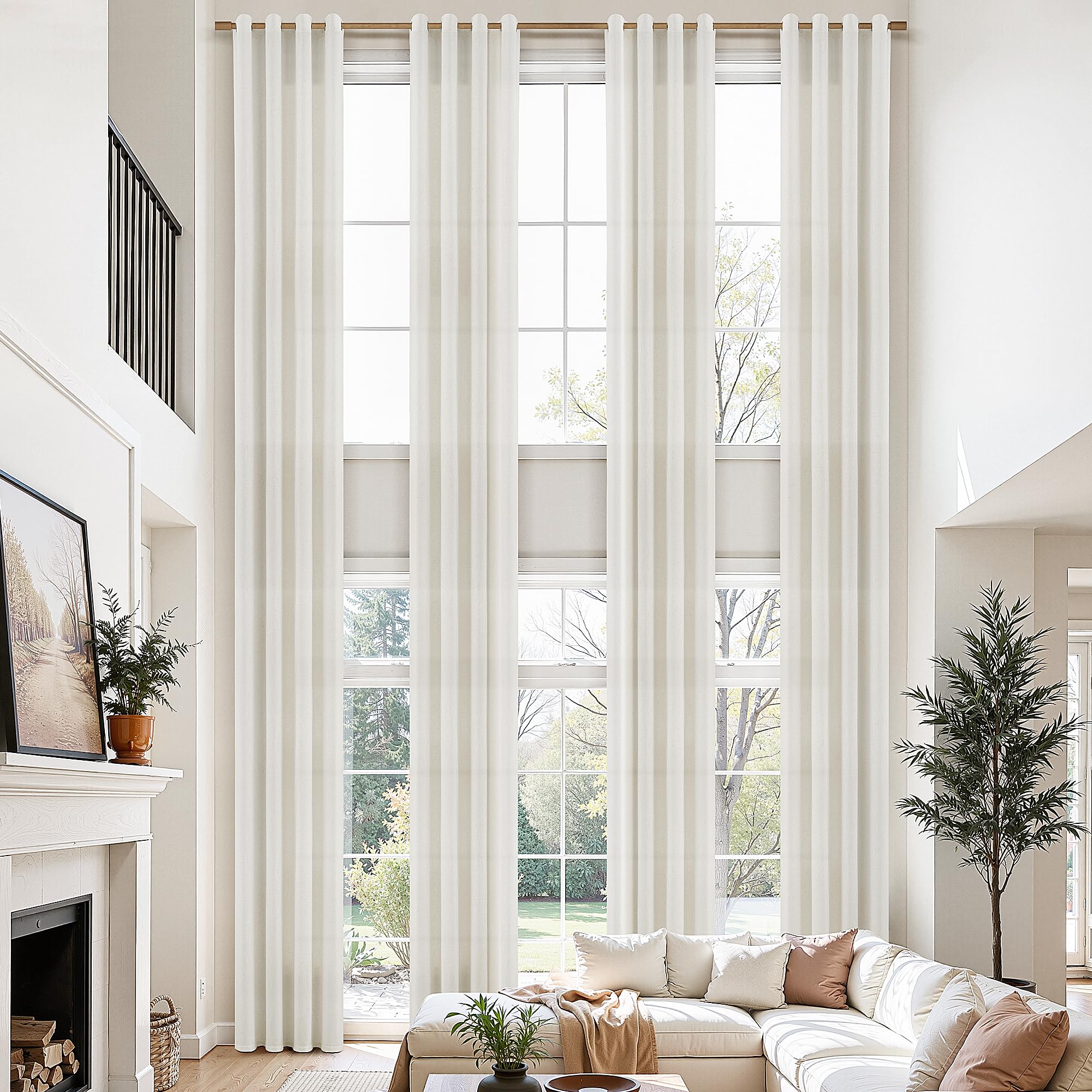 Nanspring Extra Long Linen Curtains 132 Inches Long Grommet Top Cream Ivory