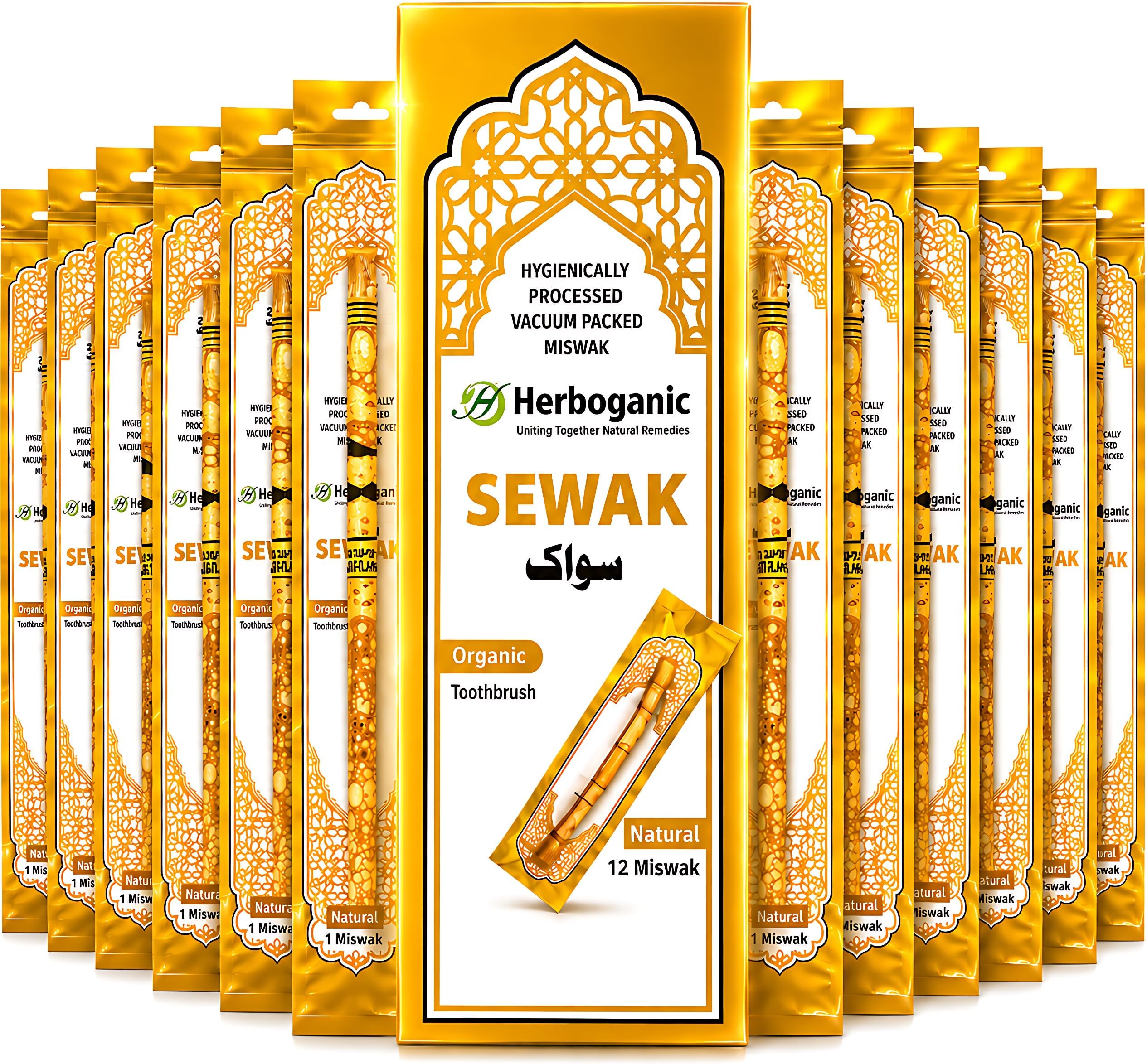 HERBOGANIC Natural Miswak, All Natural Traditional Tooth Brush for Oral Health, Hygiene, Fresh Breath, Light Weight, Vacuum Sealed (Pack of 12)