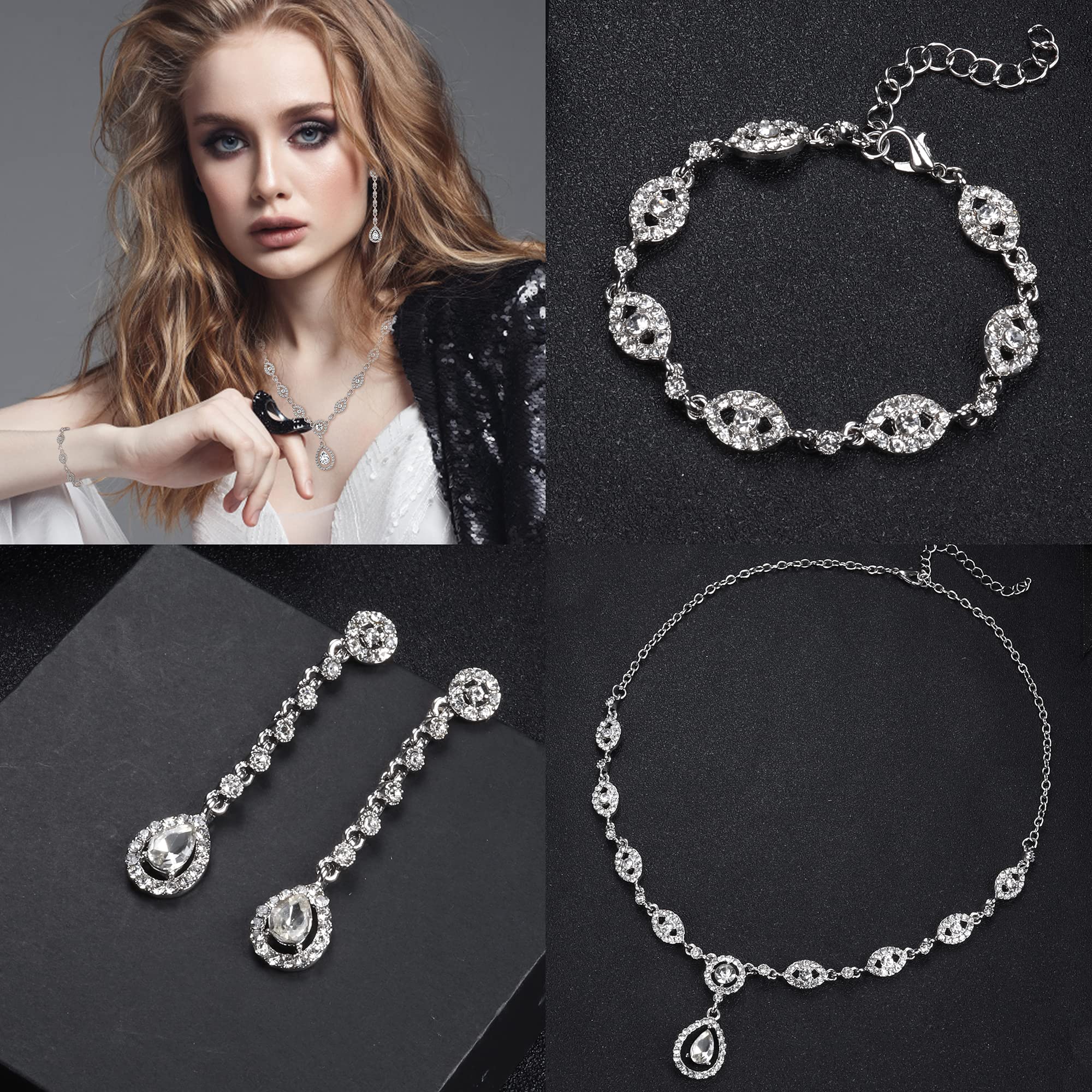 YADOCA Wedding Bridal Jewelry Set For Women Silver Prom Costume Jewelry Sets Rhinestone Crystal Teardrop Necklace Earrings Bracelet Bridesmaid Jewelry Accessories Blue Silver Red Rose Gold